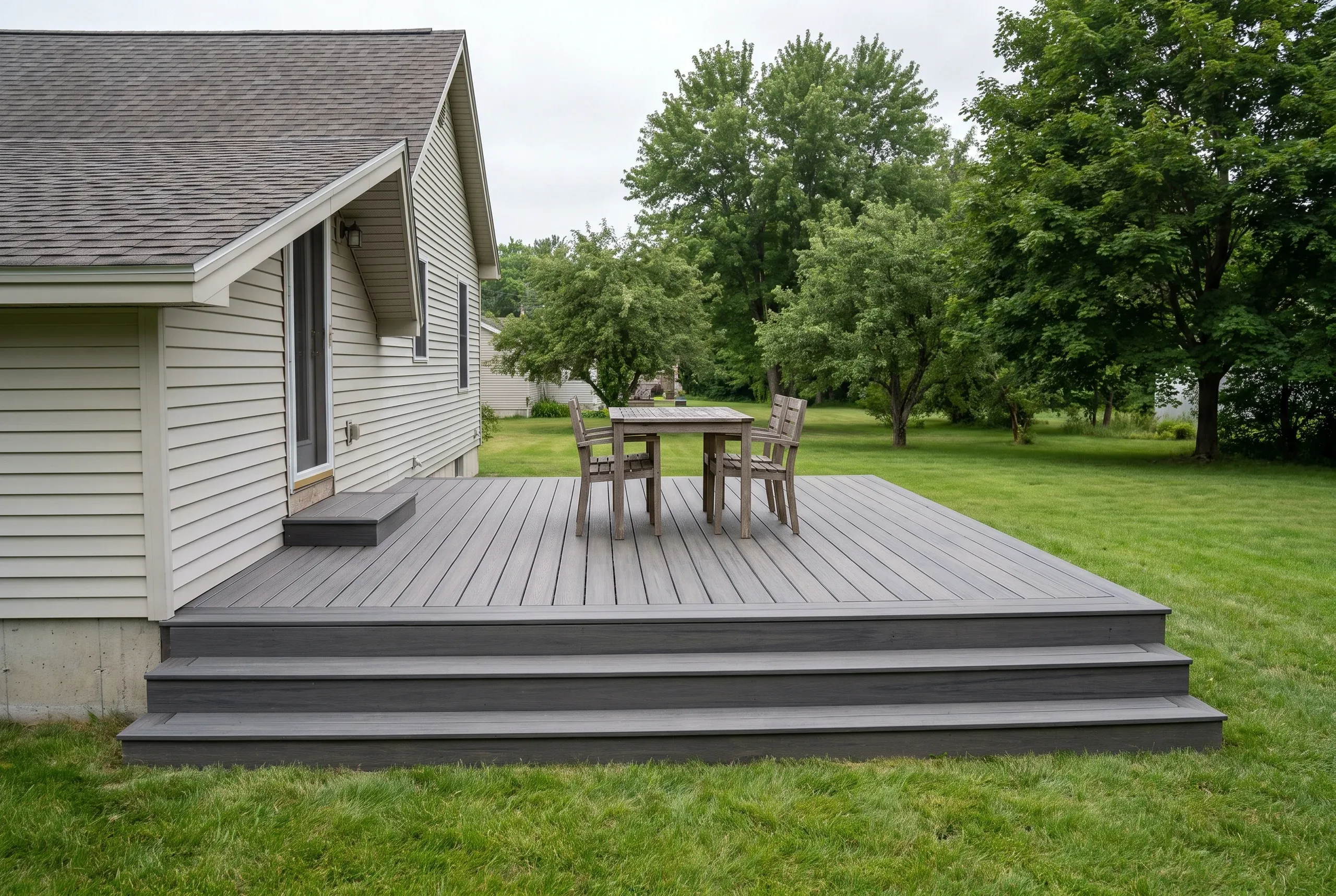 Deck builder Augusta Maine: low gray composite deck with wrapped step risers beside a tan sided house in a mowed yard