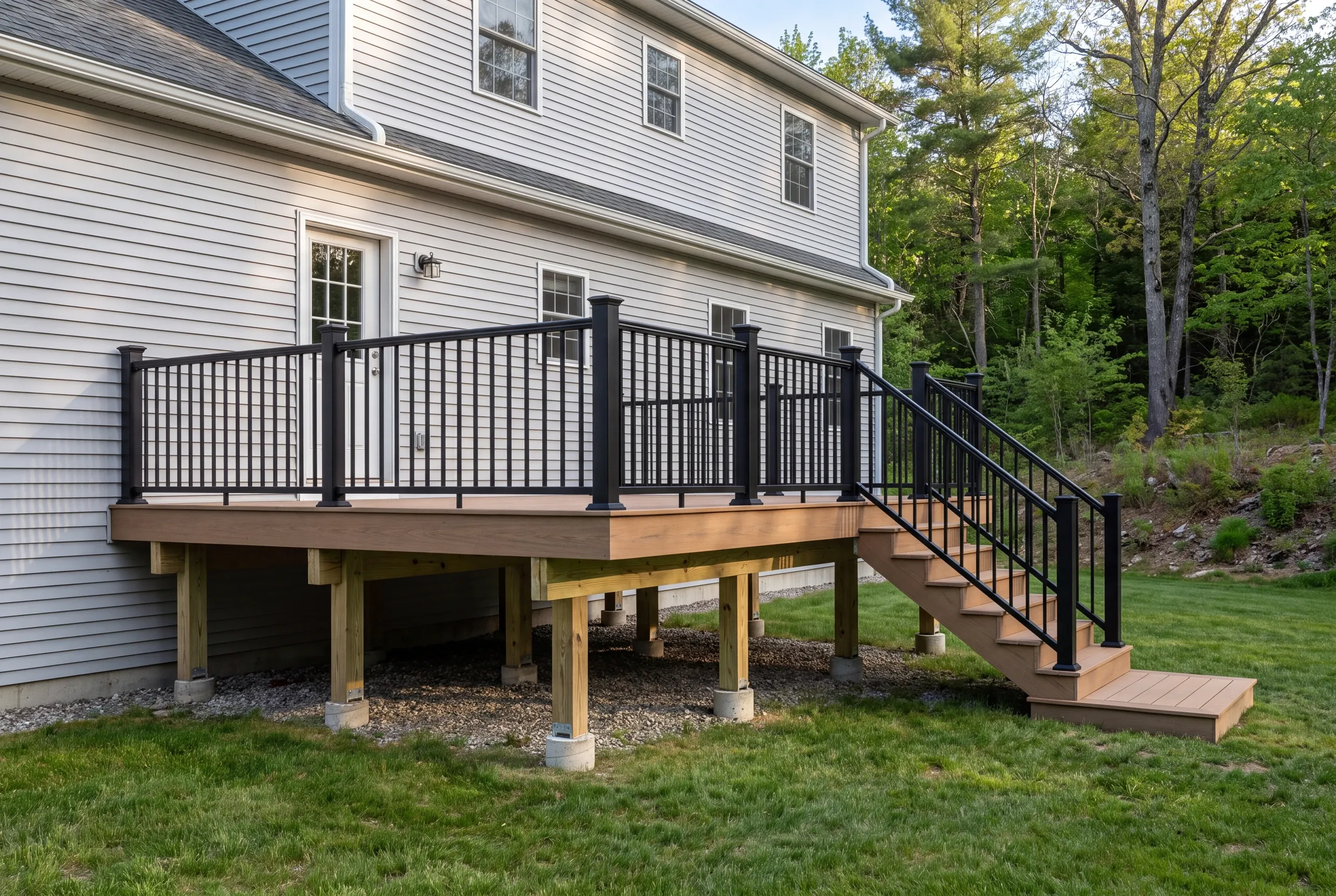 Custom deck builder Augusta Maine: raised deck with black railing on a pale gray colonial backed by woods