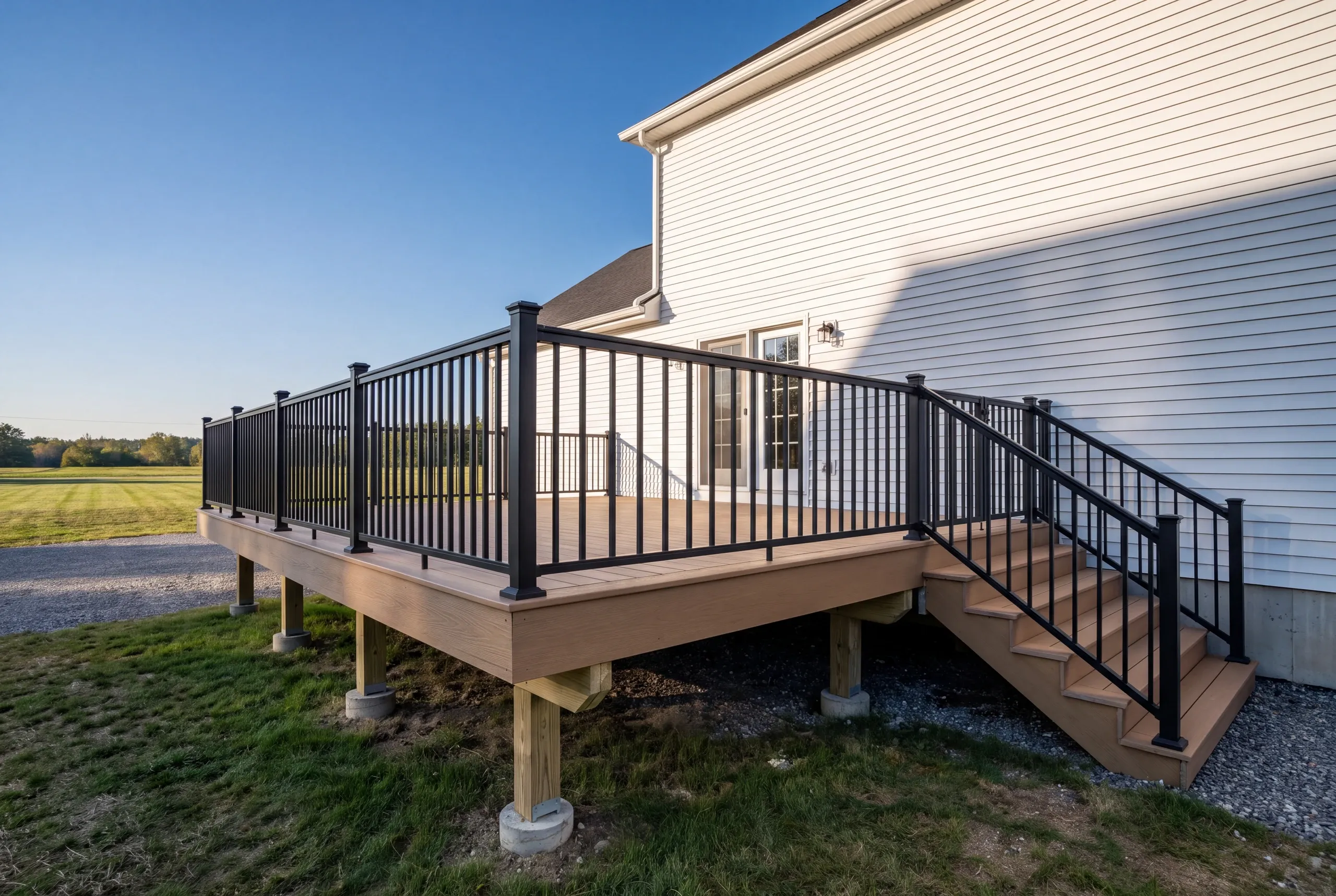 Deck contractor Augusta Maine: white farmhouse with brown deck and black railing beside a gravel drive and field