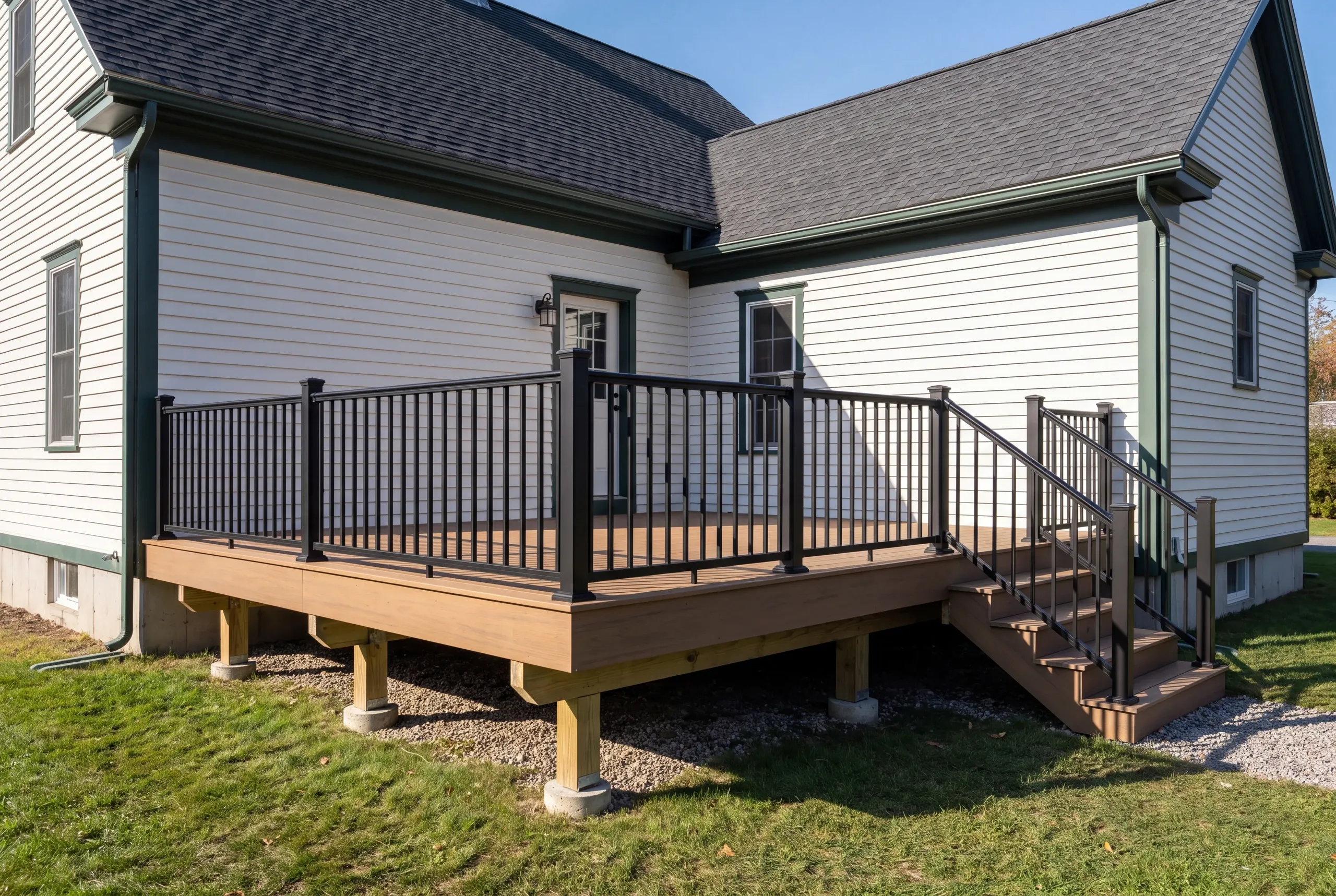 Deck builder in Bath, ME: white house with green trim and a brown deck with black railing