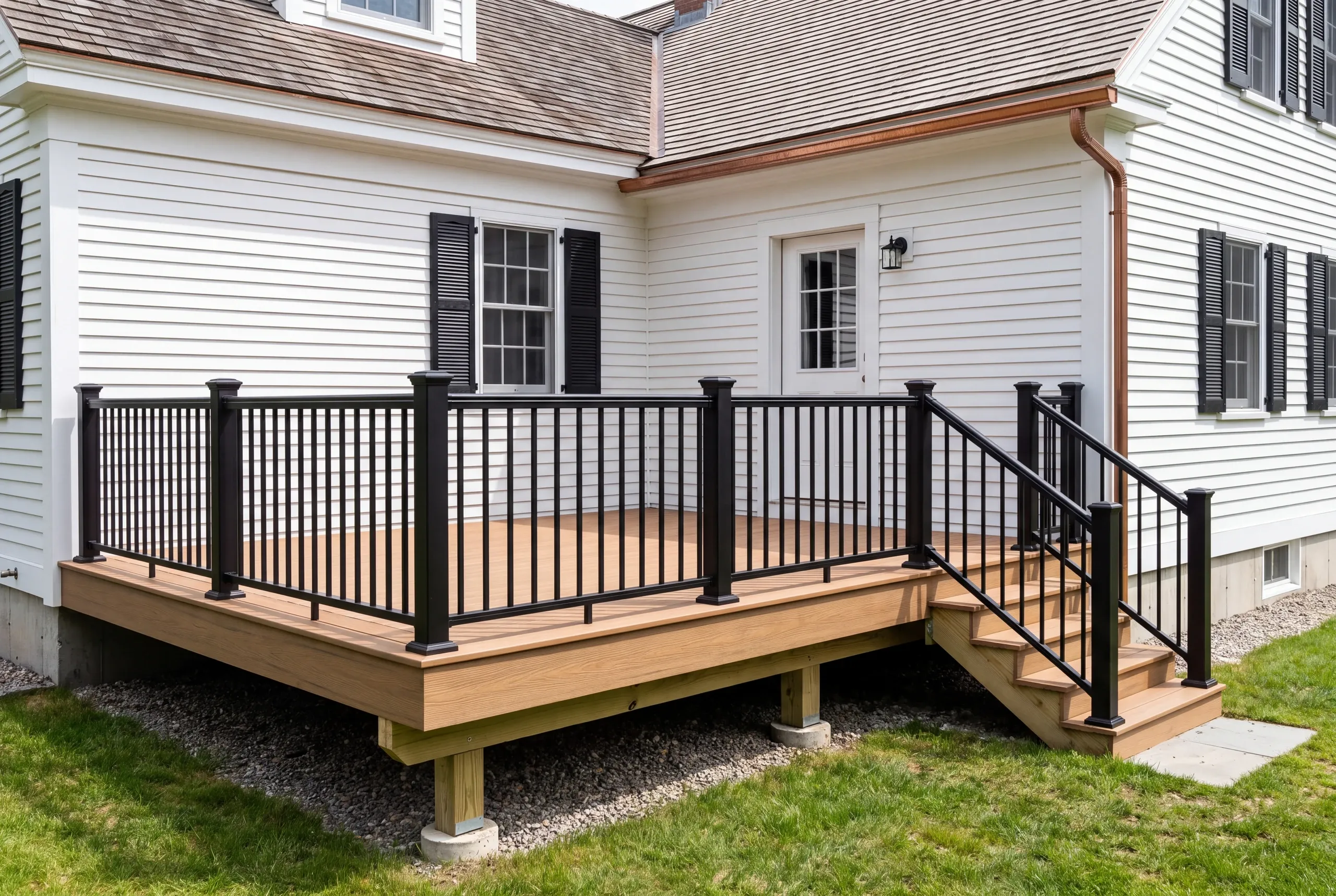 Custom deck builder Bath Maine: compact deck with black railing behind a white house with black shutters