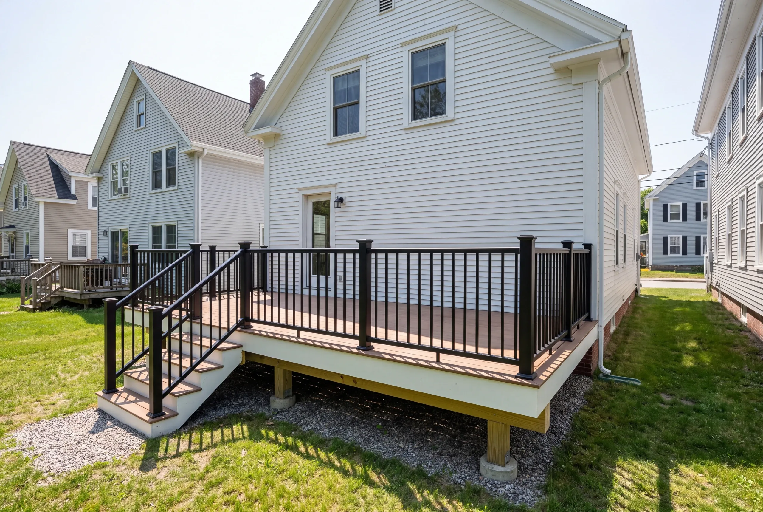 Deck contractor Bath Maine: white two-story house with deck and white skirted rim close to neighboring homes