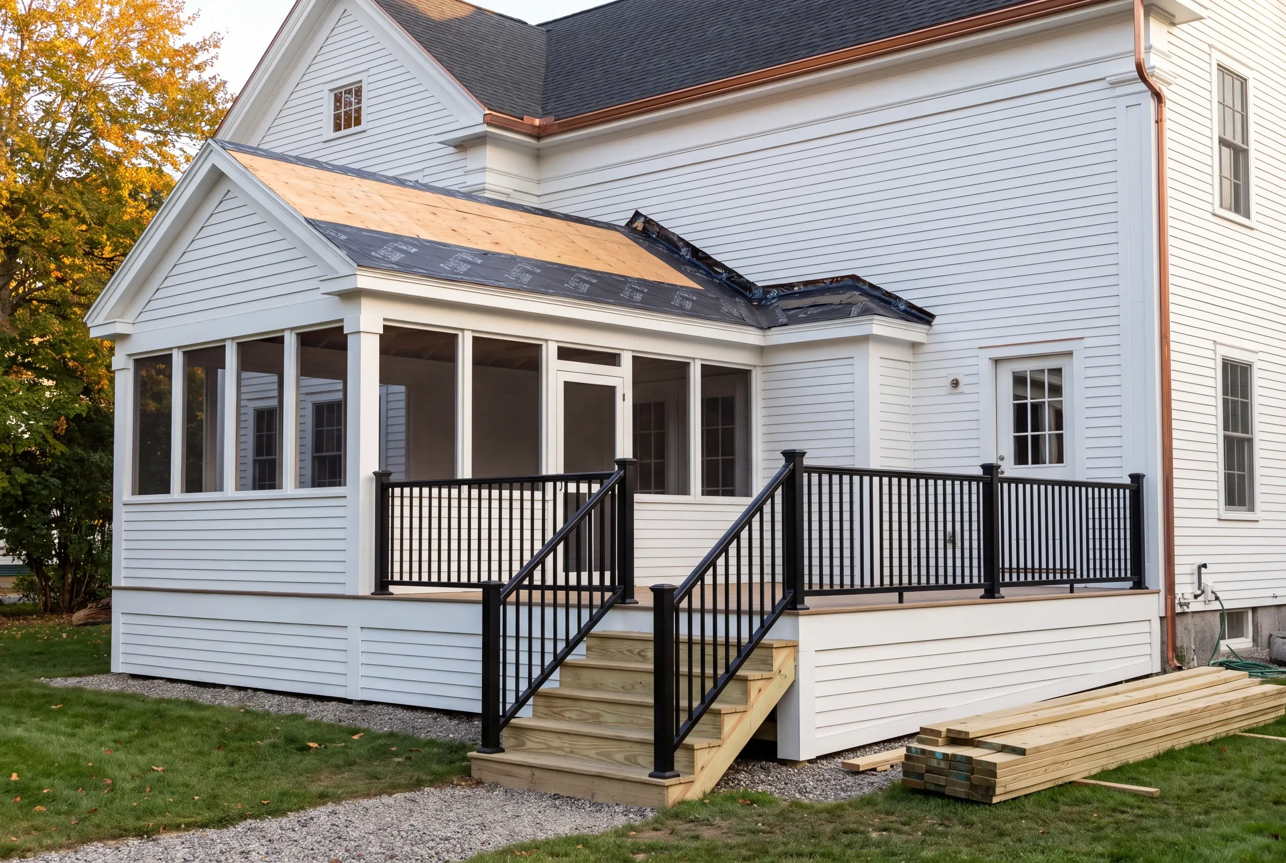 Deck builder Bath Maine: screened porch with roof in progress beside an open deck and pressure-treated stairs