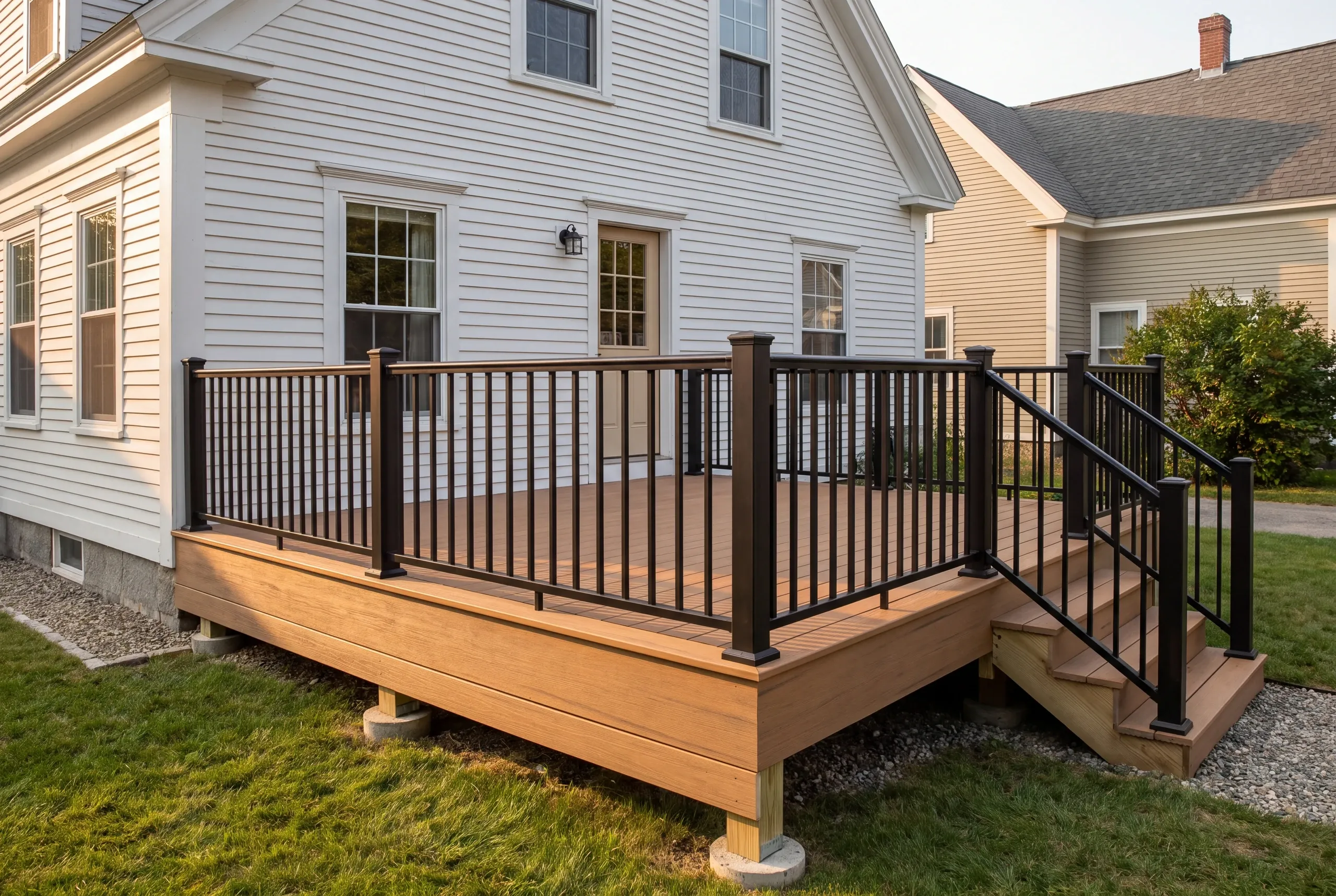 Custom deck builder Bath Maine: compact rear deck on a white clapboard house set close to a tan neighbor