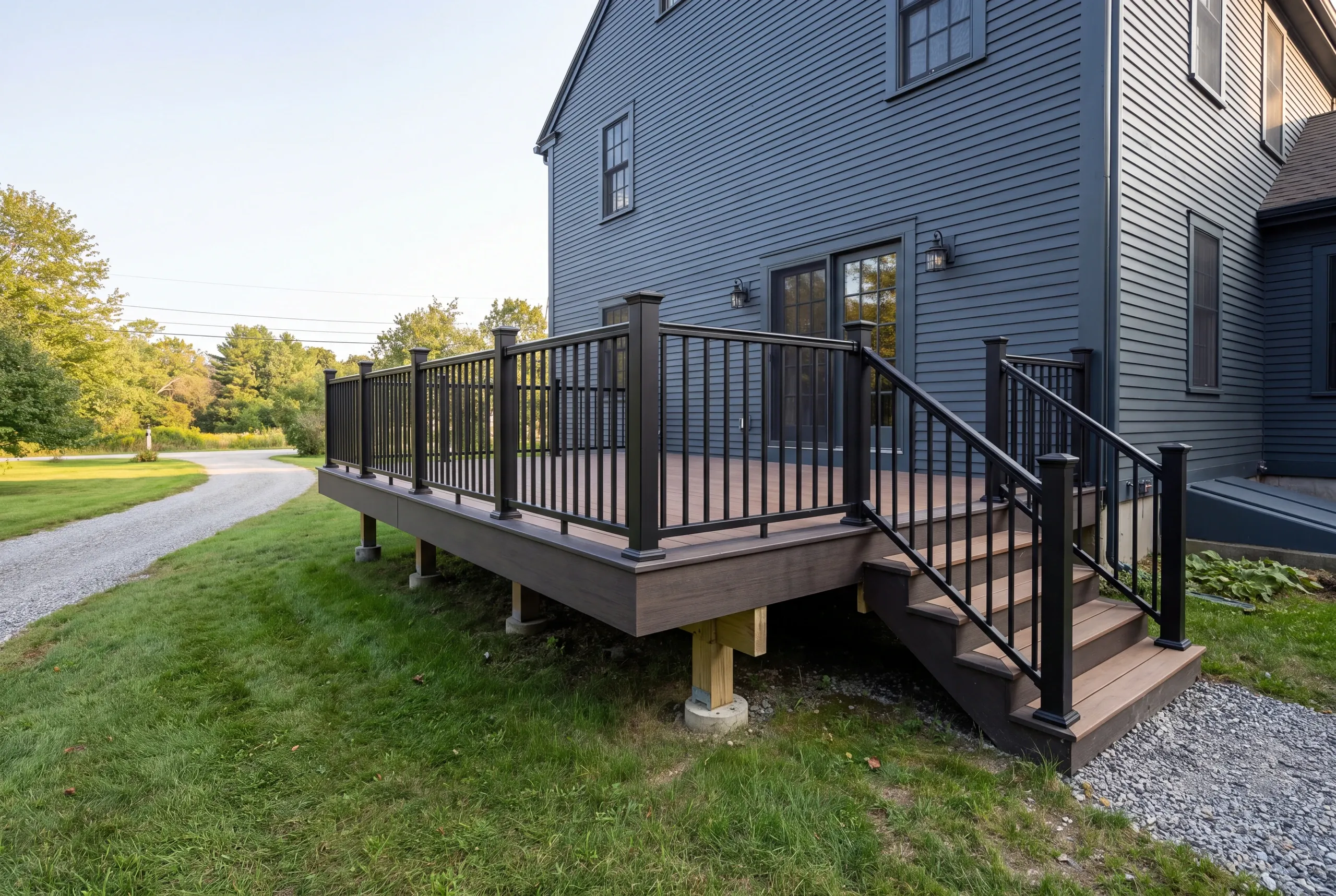 Deck contractor Bath Maine: slate blue colonial with dark deck boards and black railing near a gravel lane