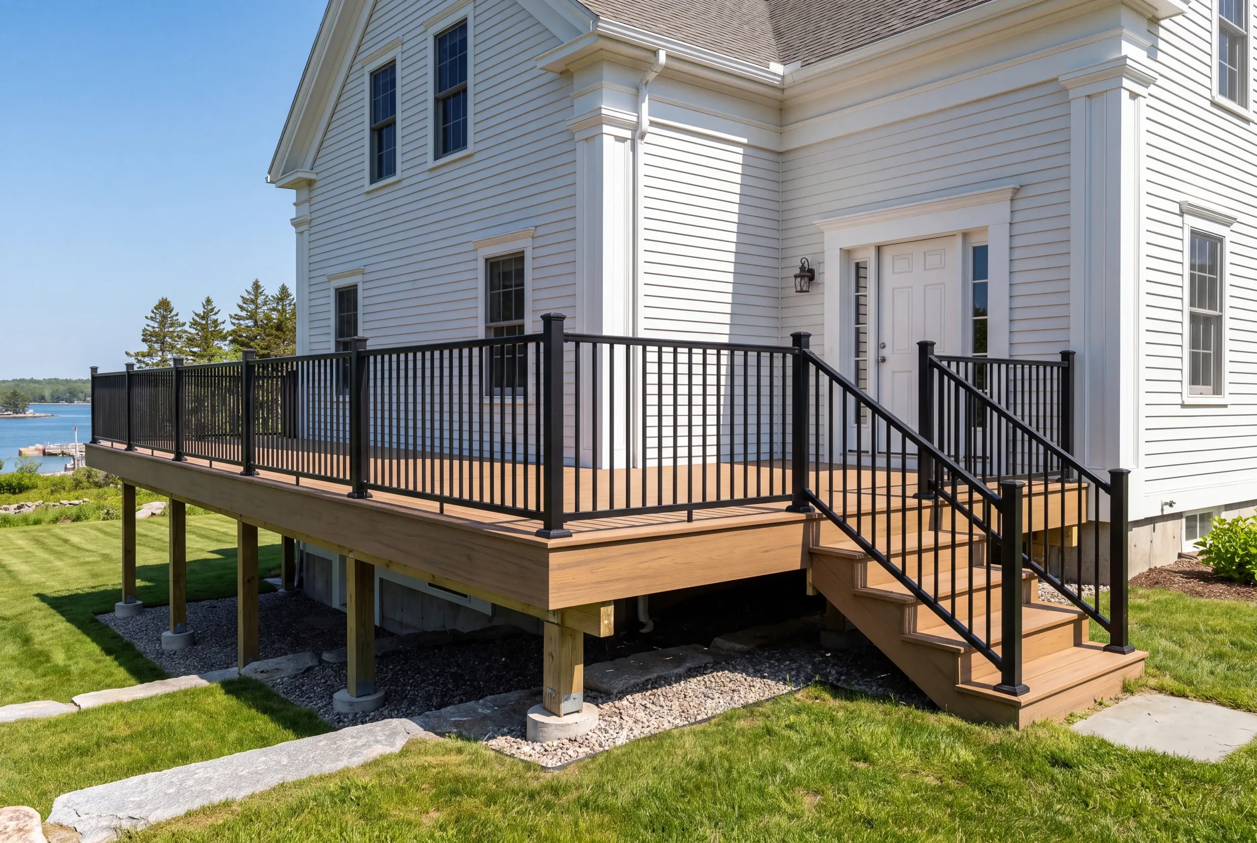 Deck builder in Belfast, ME: white Greek Revival house with raised deck, granite slab steps and water view