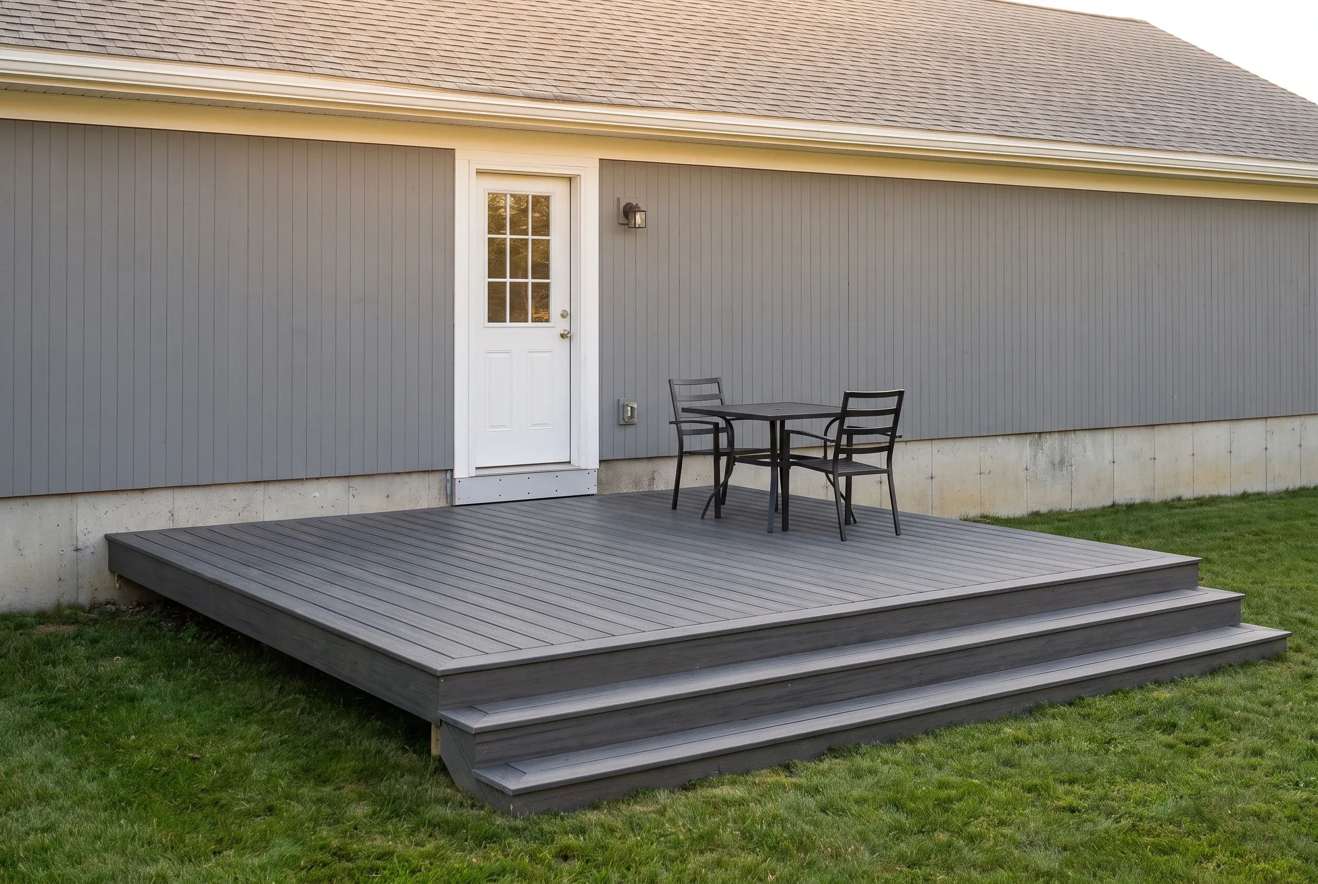 Custom deck builder Belfast Maine: low gray composite deck with wrapped step at a gray-sided outbuilding on a lawn