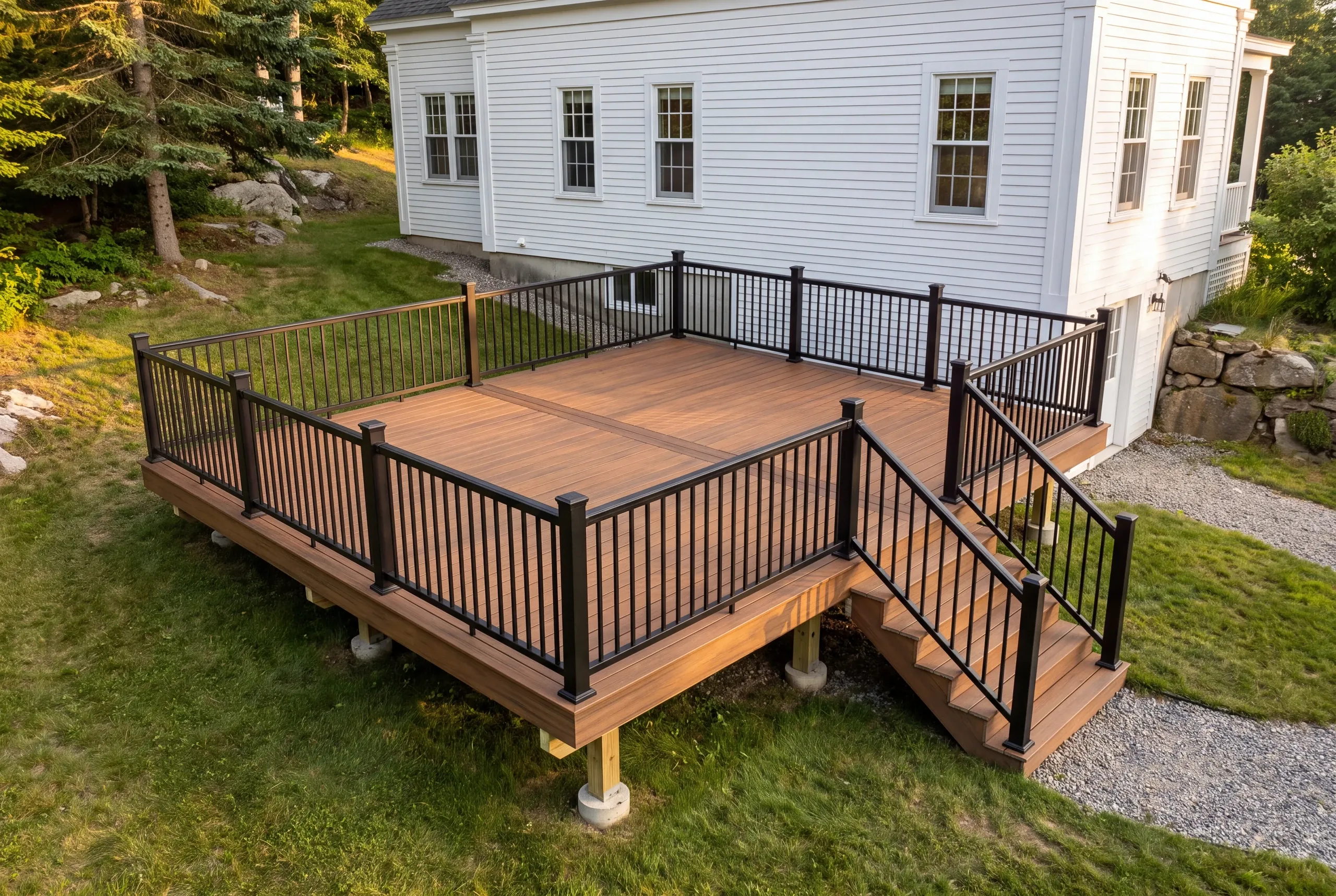 Deck contractor Belfast Maine: square deck with black railing on all sides beside a white colonial and gravel path