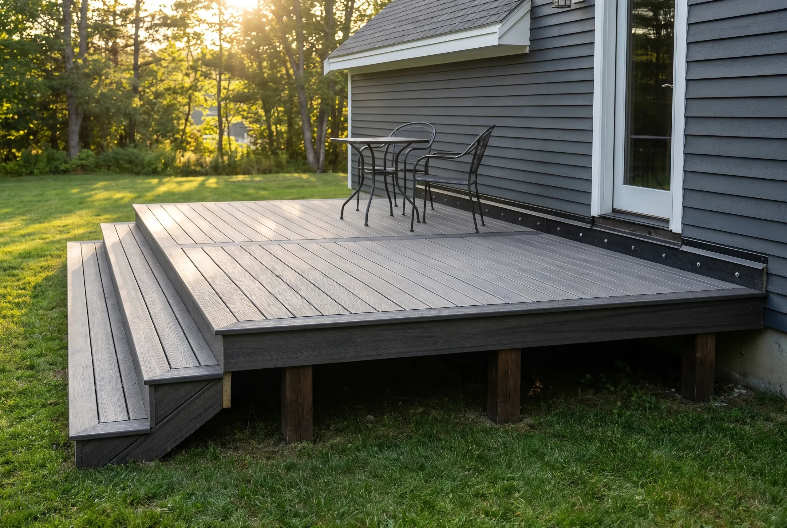 Deck builder Belfast Maine: low gray composite deck with wrapped step and bistro set beside a gray-sided house at sunset