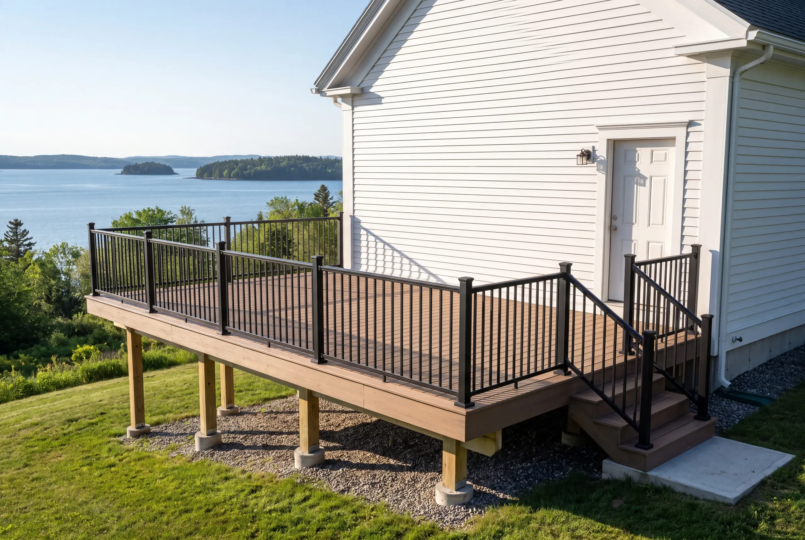 Custom deck builder Belfast Maine: raised deck with black railing overlooking a bay dotted with islands