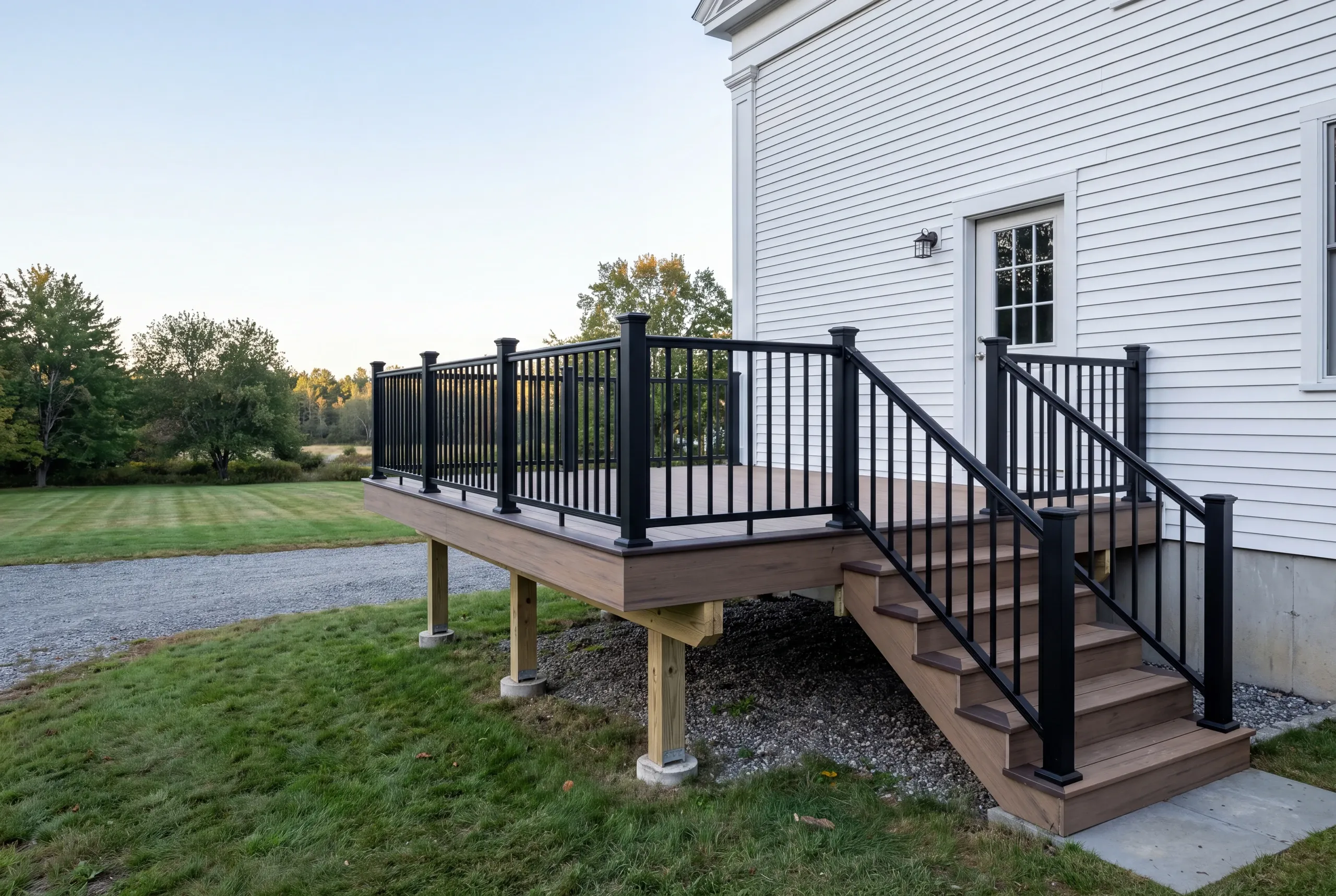Deck contractor Belfast Maine: white house with brown deck and black railing beside a gravel drive