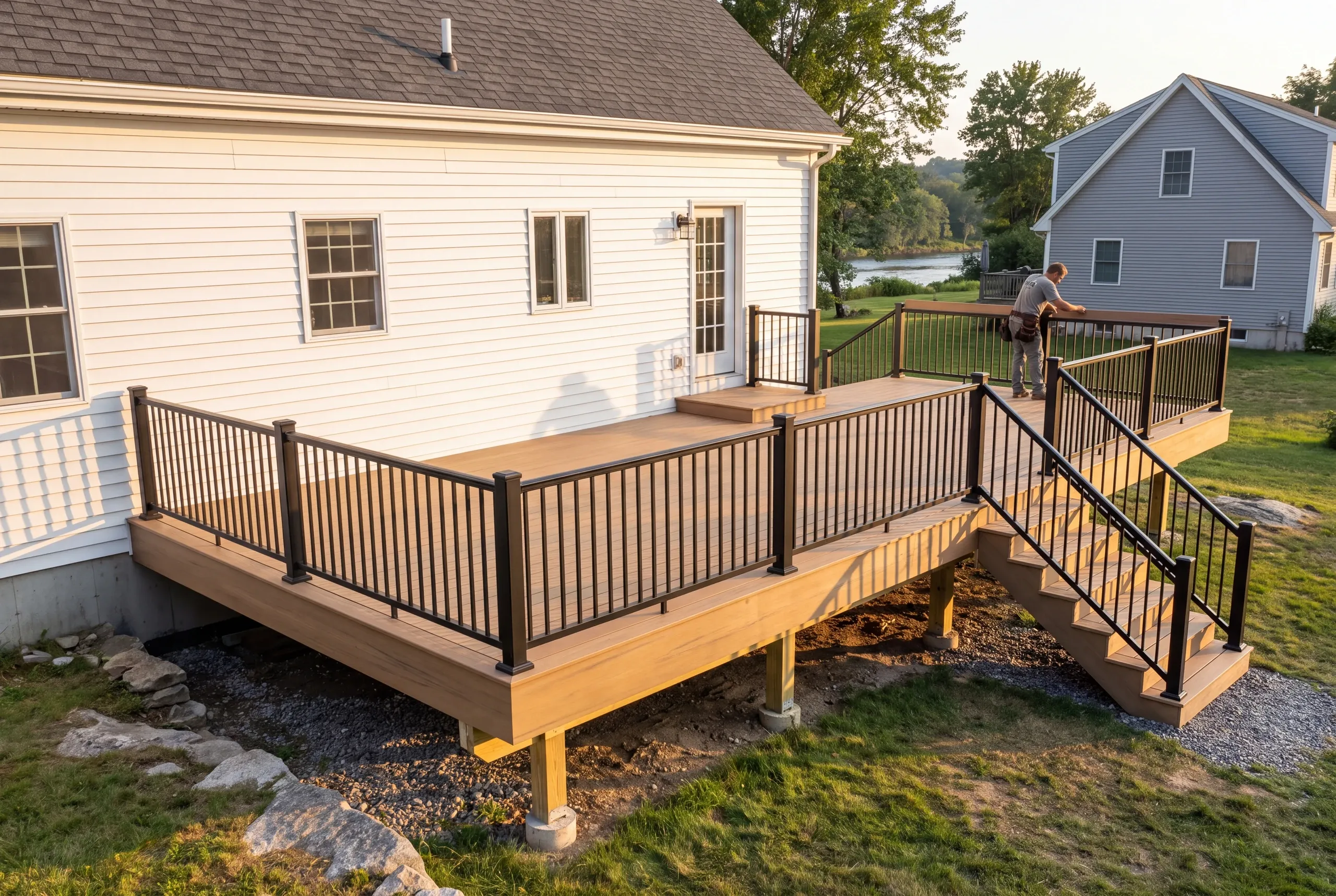 Deck builder in Bucksport, ME: finished brown deck with black railing above a river, man standing at the far rail