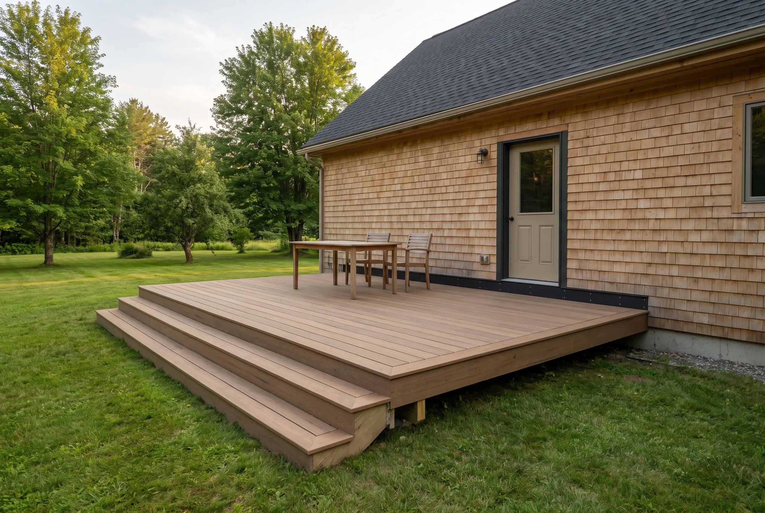 Custom deck builder Bucksport Maine: low cedar deck with wide step and chairs beside a shingle-sided house on a lawn