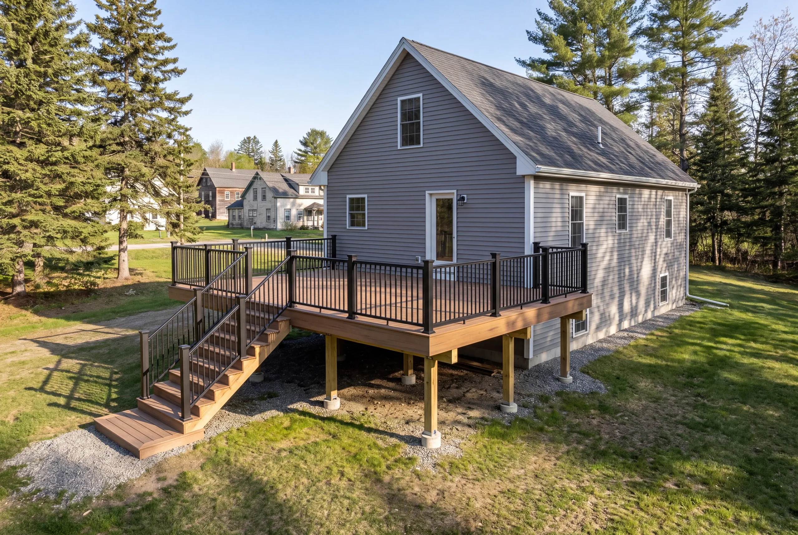Deck contractor Bucksport Maine: raised deck with brown boards and long stair on a gray house among pines
