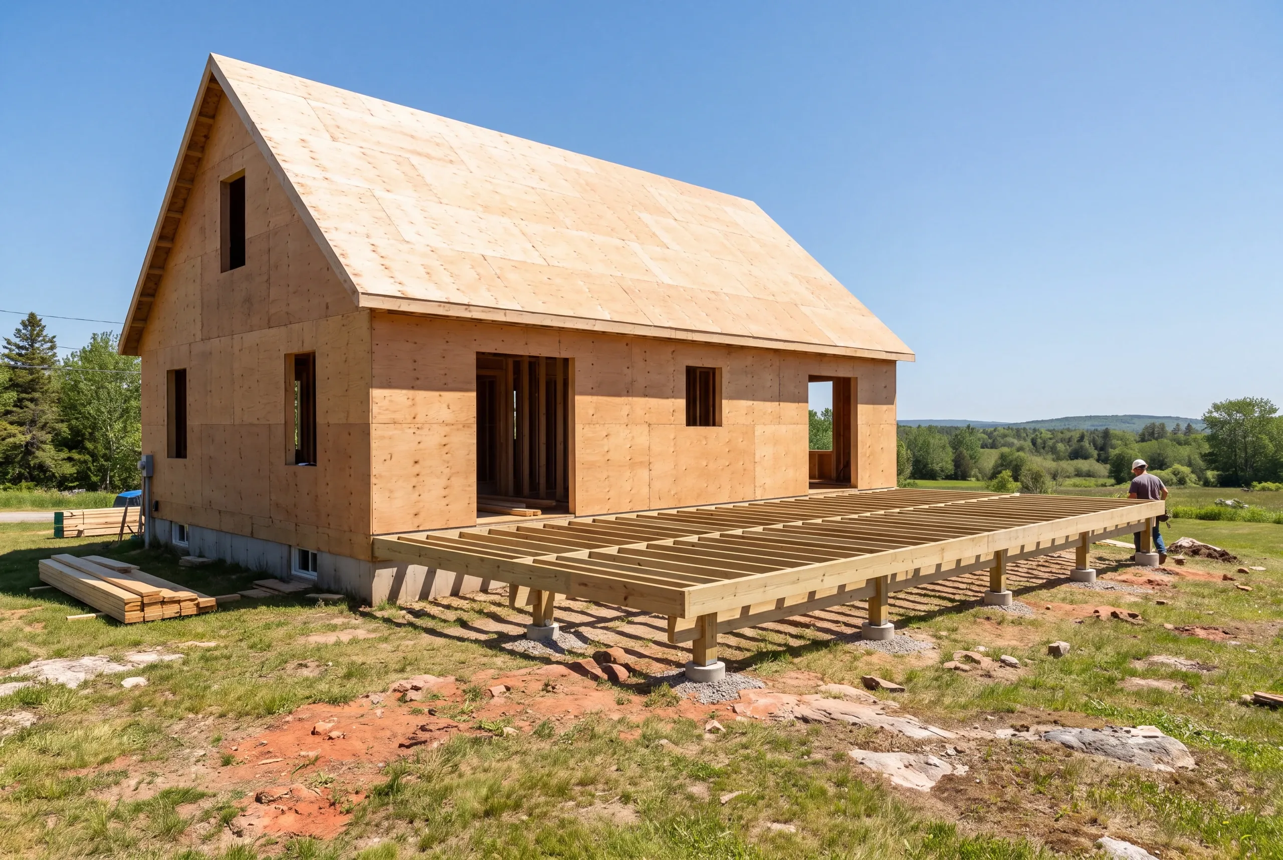 Deck builder Bucksport Maine: worker beside a long pressure-treated joist frame at a plywood-sheathed new house