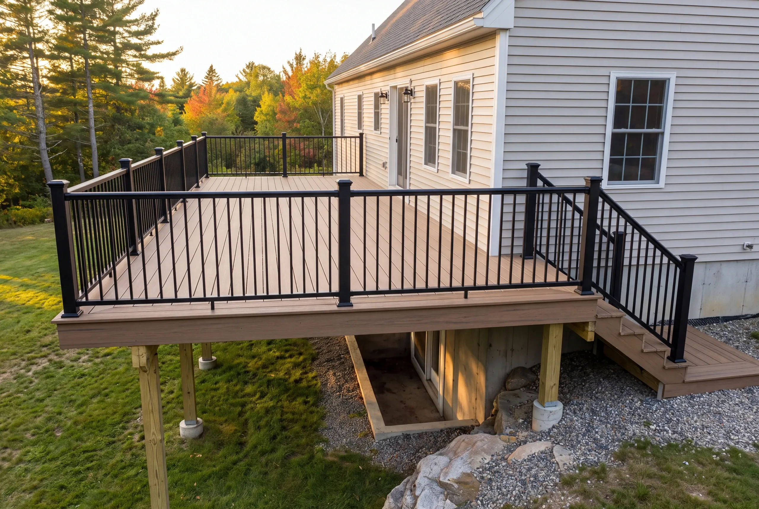 Custom deck builder Bucksport Maine: tall-post raised deck on a gray clapboard house with fall color behind