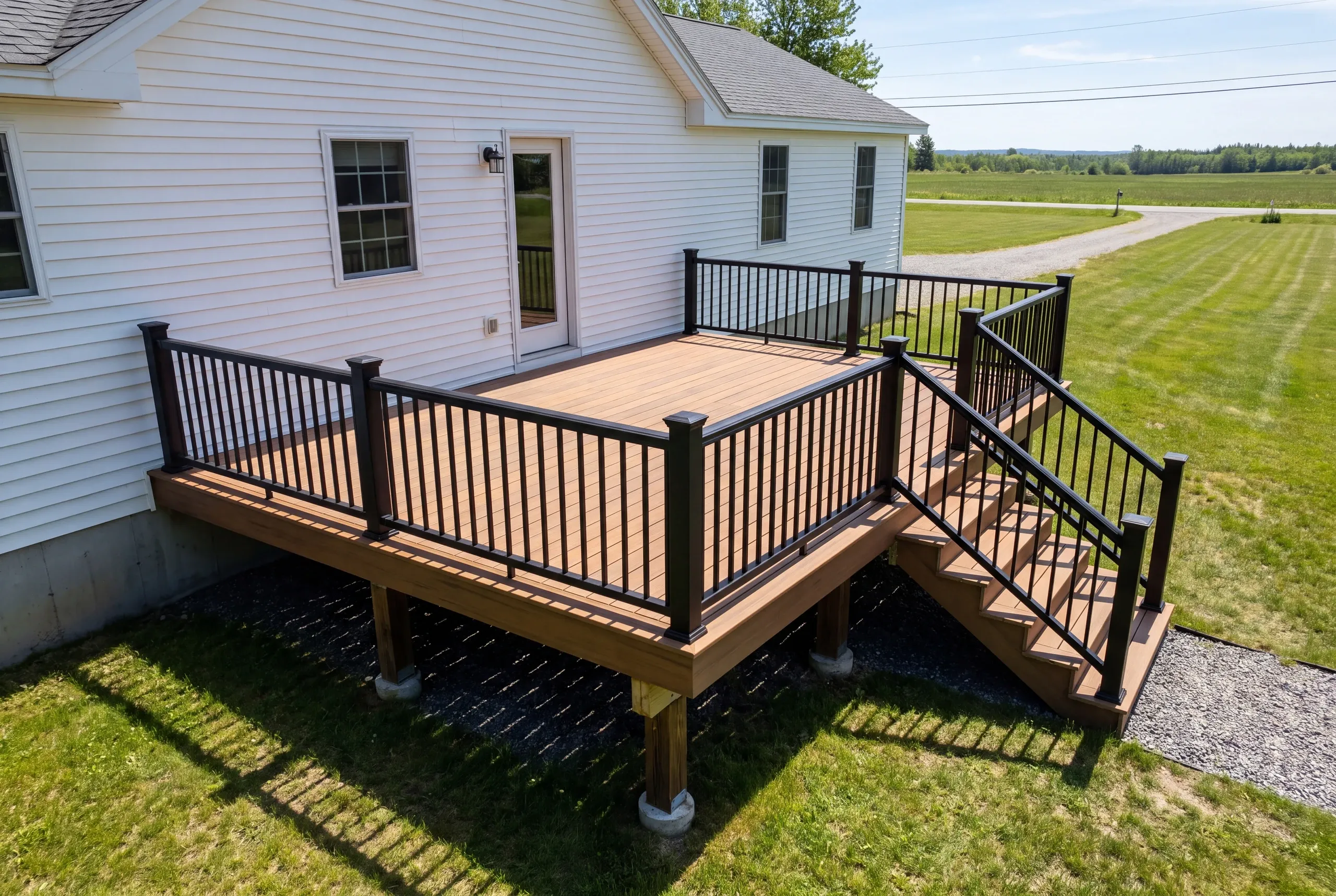 Deck contractor Bucksport Maine: brown deck with black railing and stairs on a white house beside open fields
