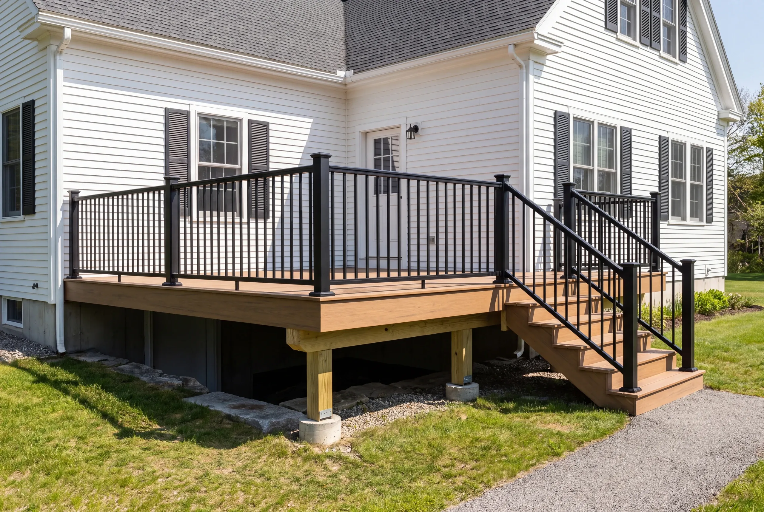 Deck builder in Camden, ME: finished deck with black railing on a white colonial with black shutters