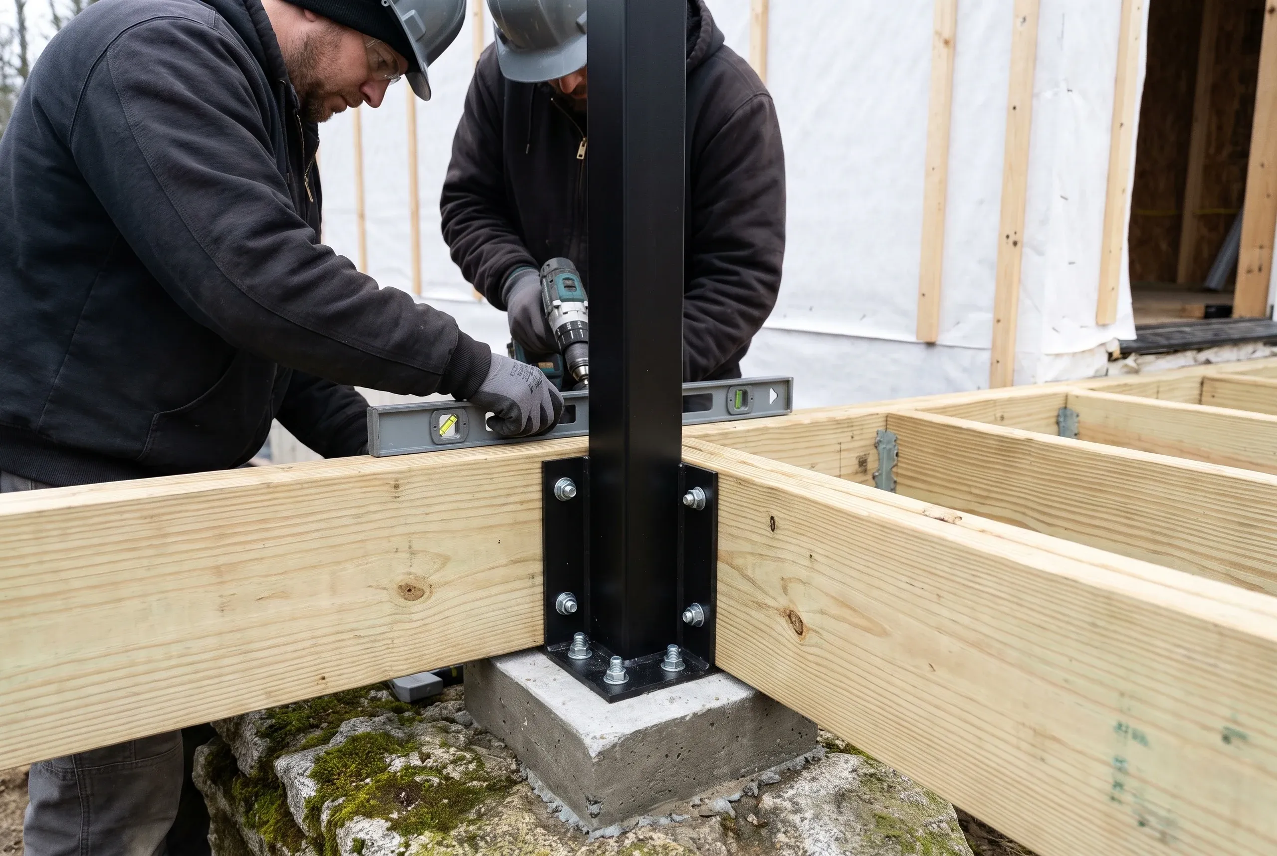 Custom deck builder Camden Maine: two workers level a black steel post bolted to a concrete pier on ledge between new deck beams