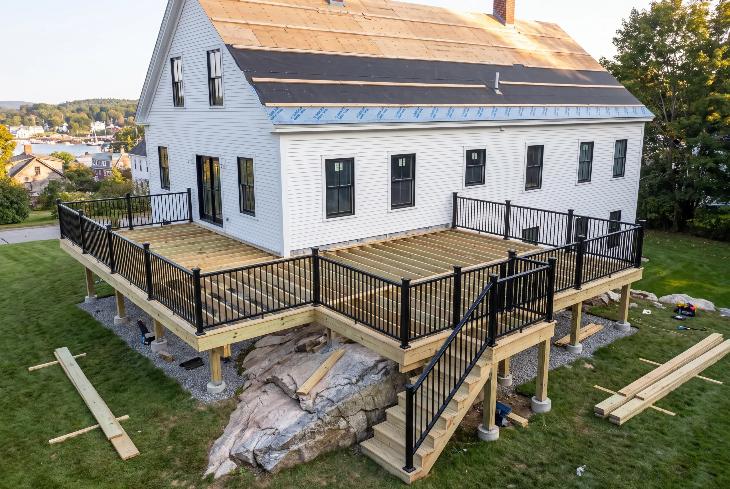 Deck contractor Camden Maine: pressure-treated deck frame with black railing wrapped around a granite outcrop