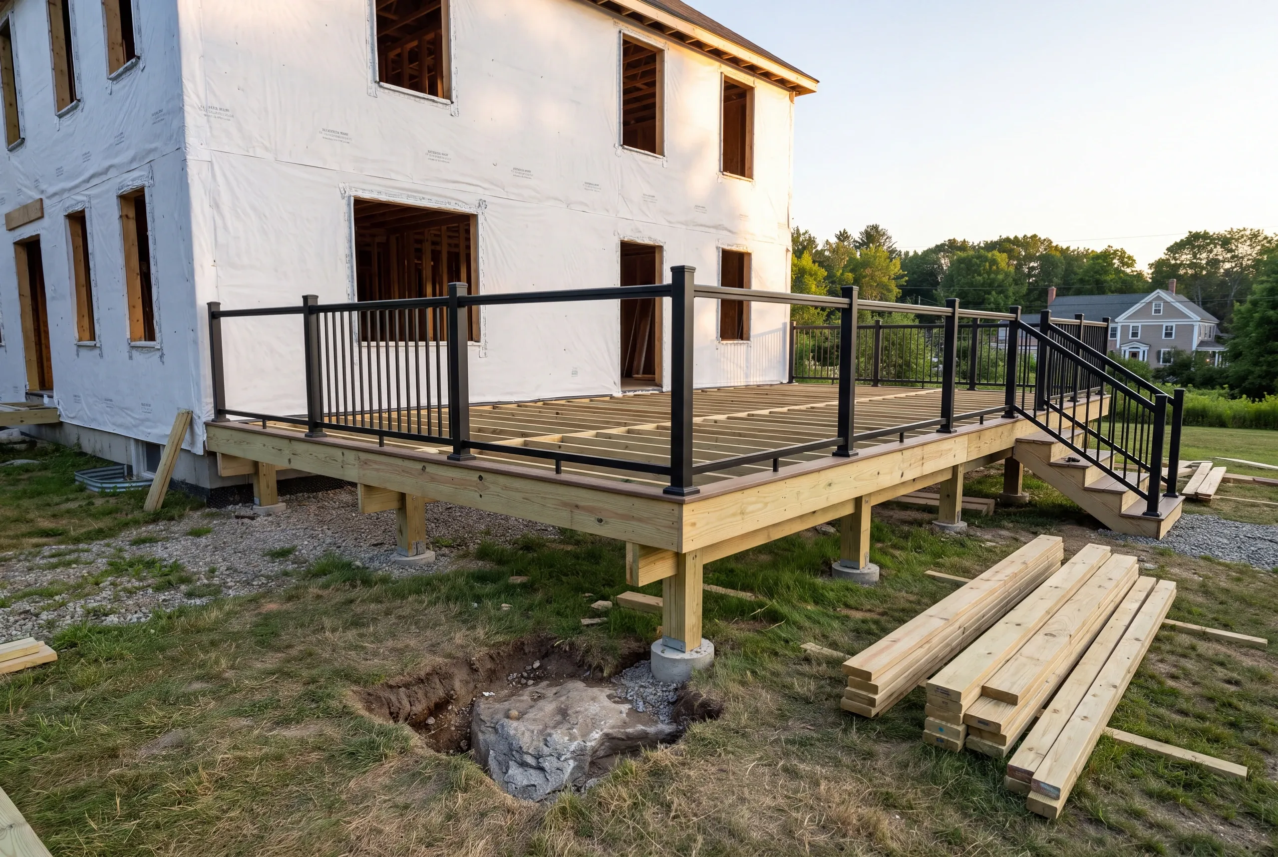 Deck builder Camden Maine: hole exposing ledge rock beside a pier under a railed deck frame at a wrapped house