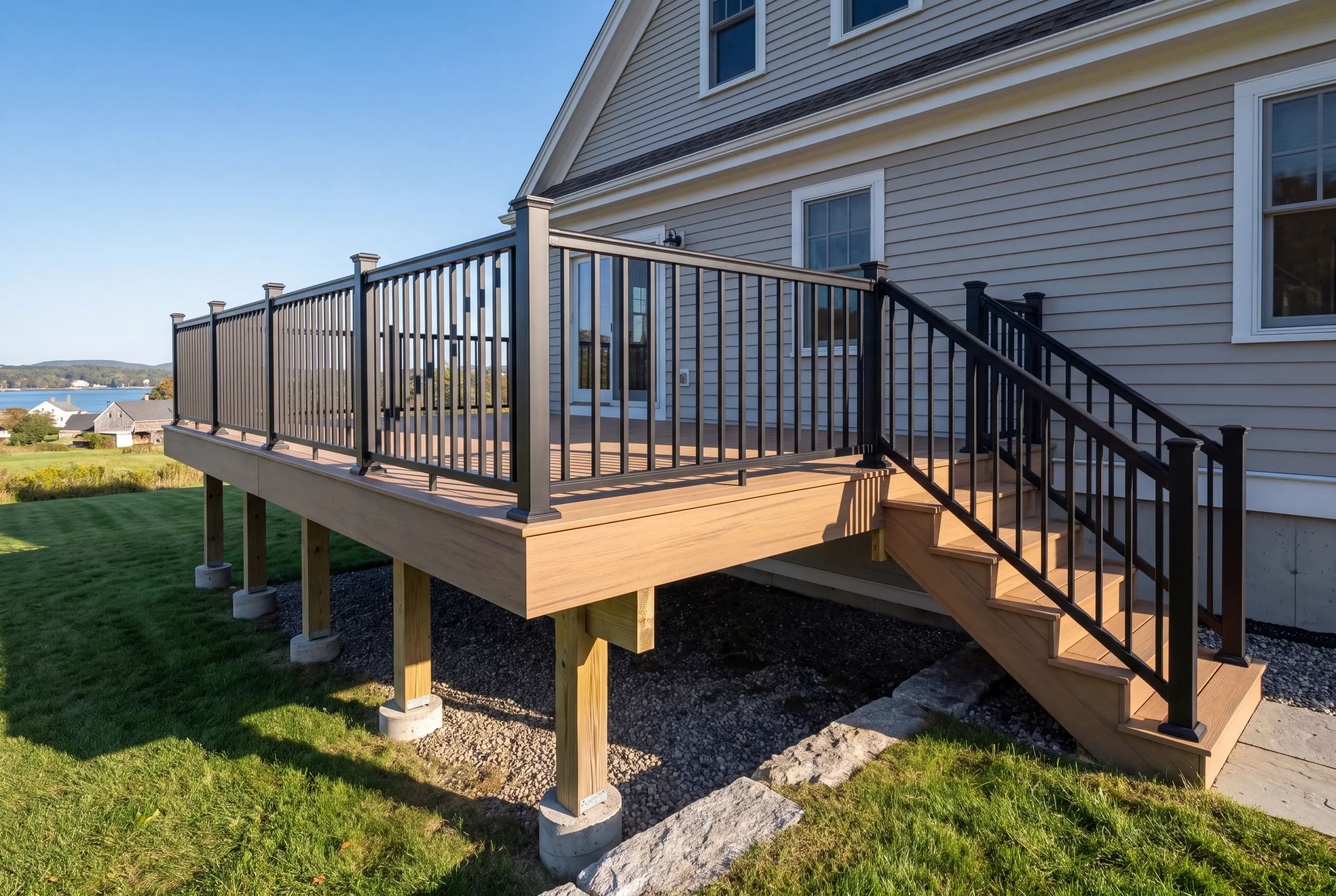 Custom deck builder Camden Maine: raised deck with black railing on a gray clapboard house, water in the distance