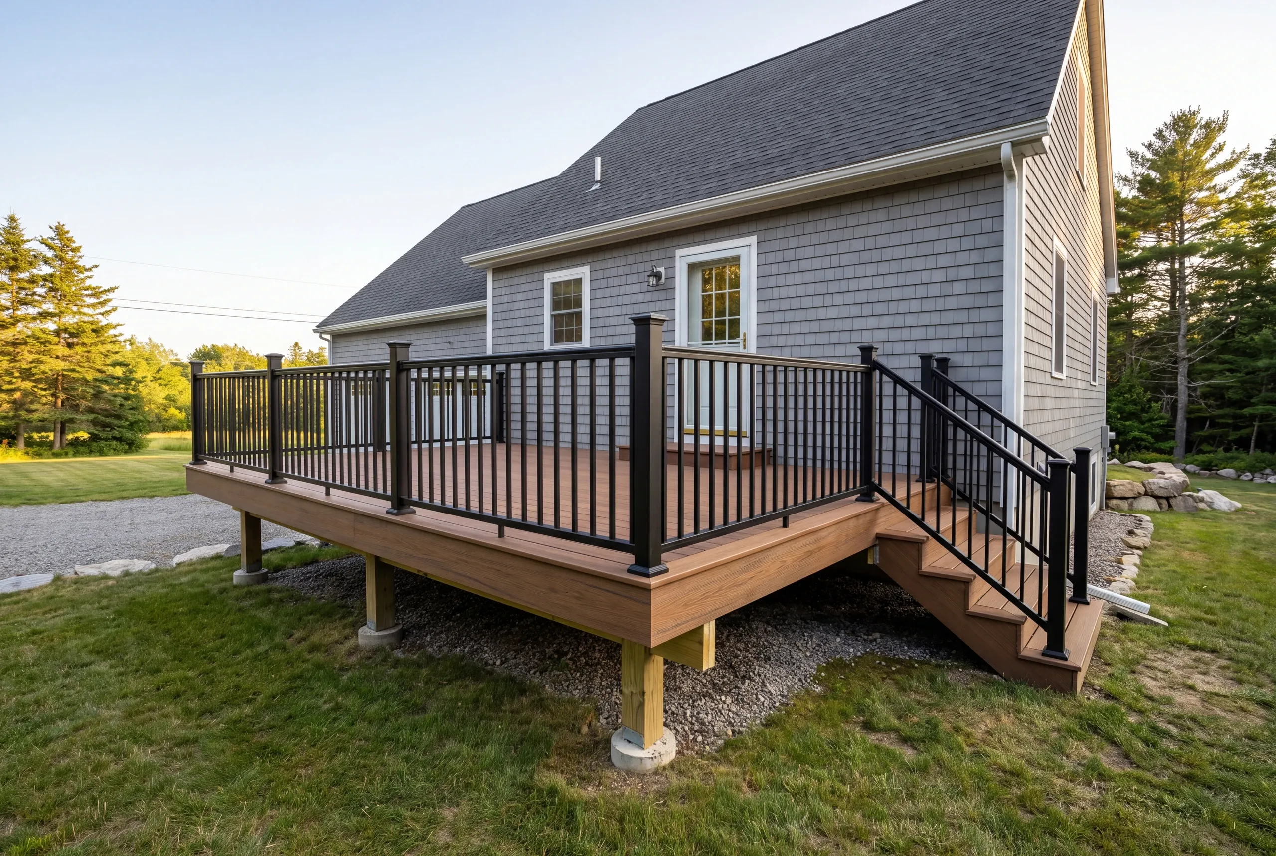 Deck contractor Camden Maine: gray shingled house with railed deck and stairs beside a gravel drive