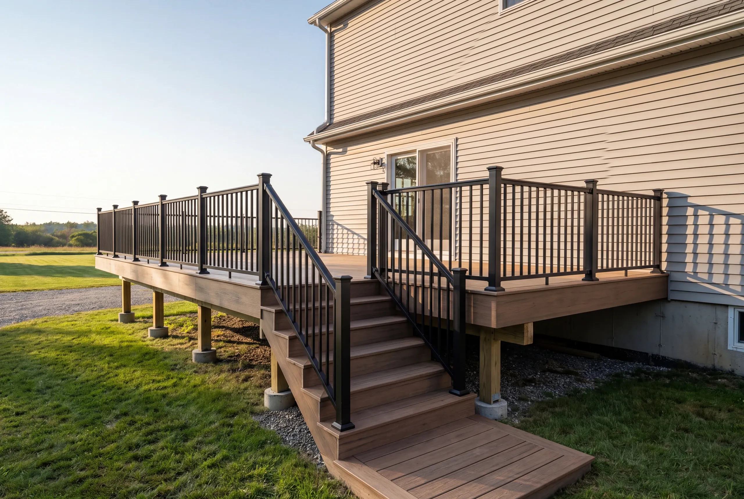 Deck builder Midcoast Maine: second-story deck with black railing and a long stair run down to the lawn