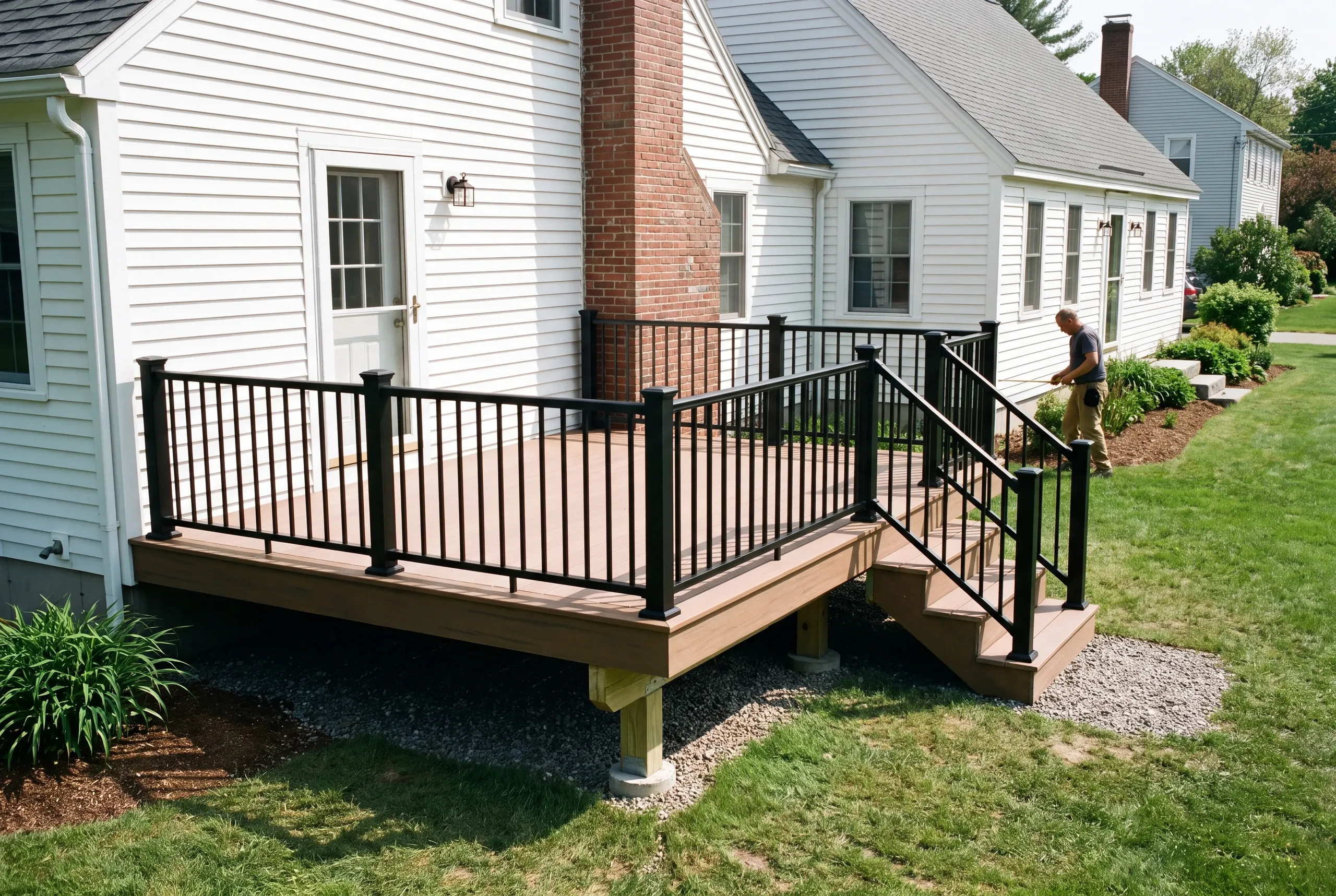 Deck builder in Damariscotta, ME: brown deck with black railing beside a white cape and brick chimney, man measuring