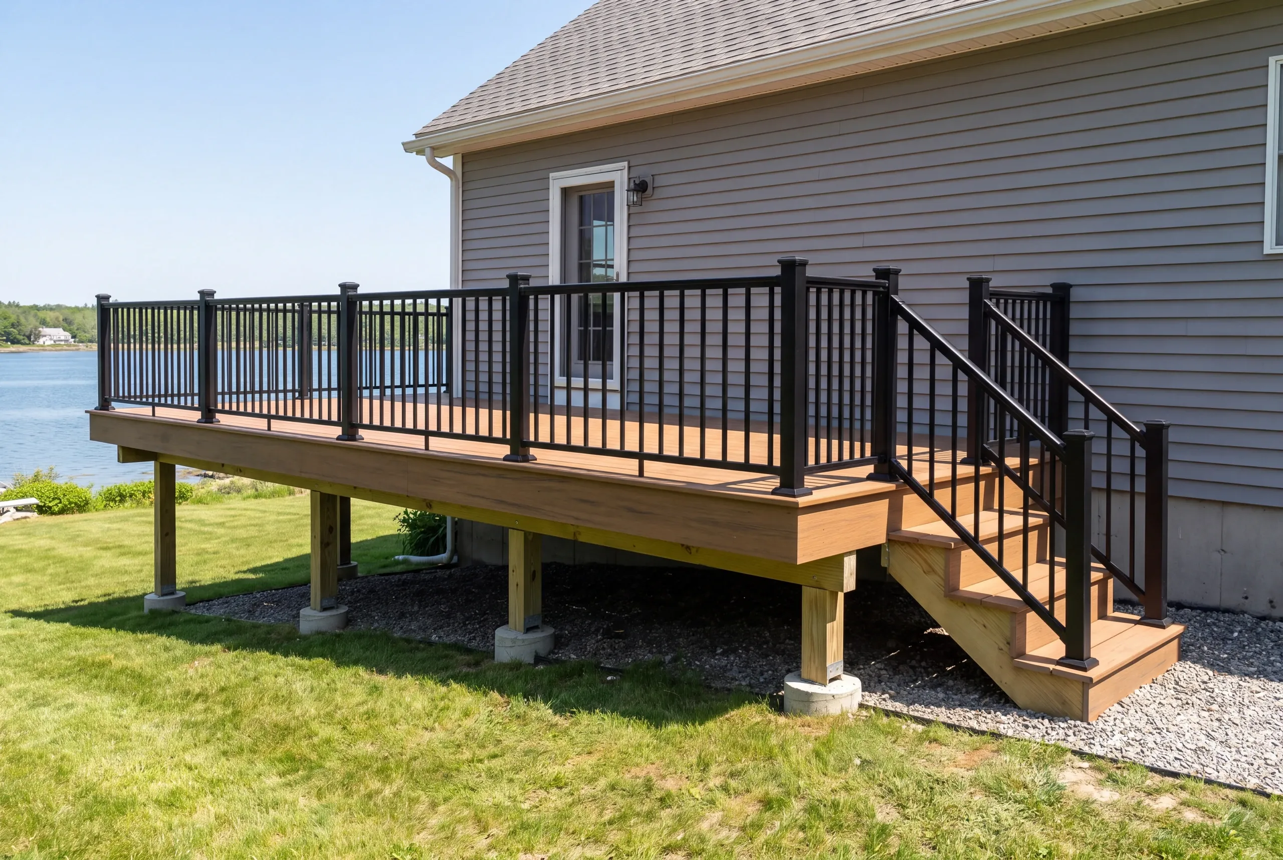 Custom deck builder Damariscotta Maine: raised deck with black railing on a gray clapboard house above open water