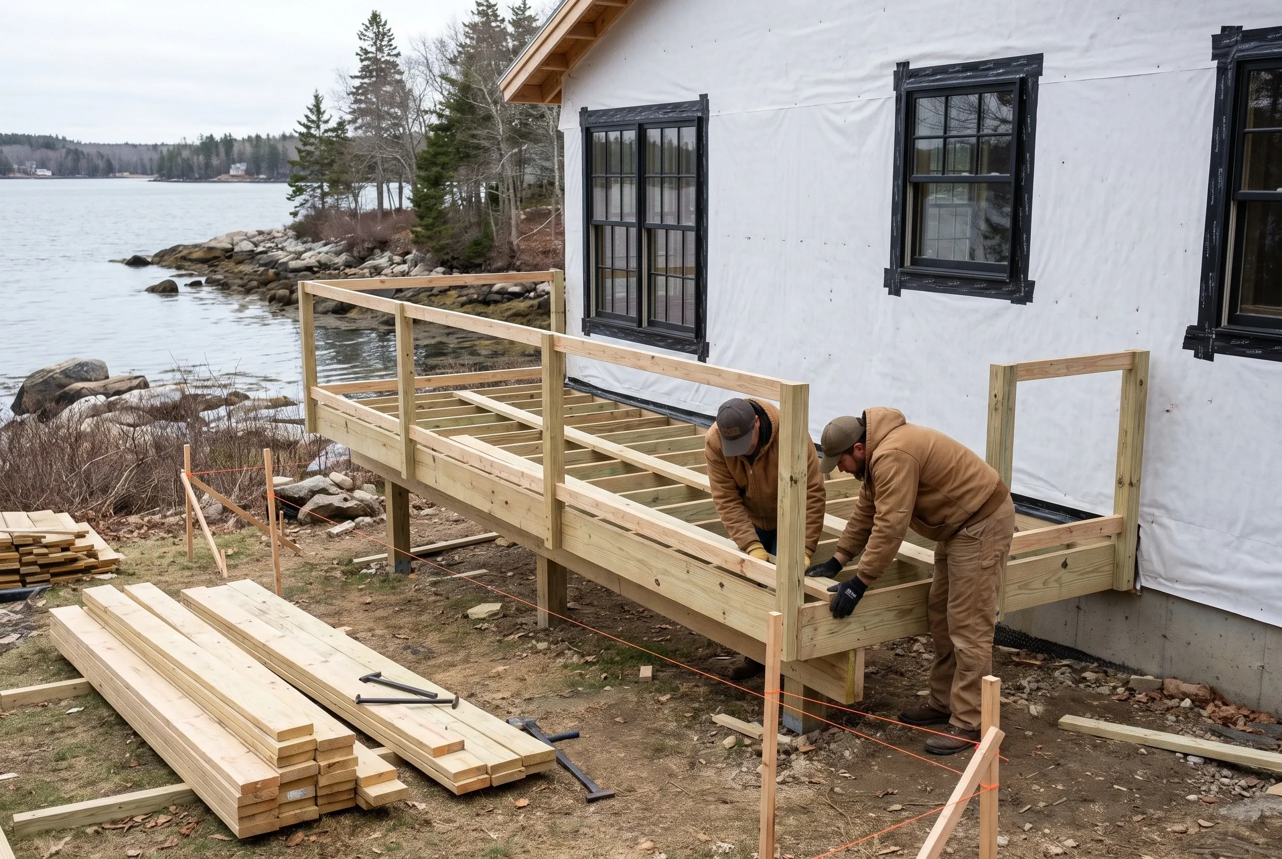 Deck builder Damariscotta Maine: two workers framing a deck with temporary rails and string lines at a wrapped house by the water