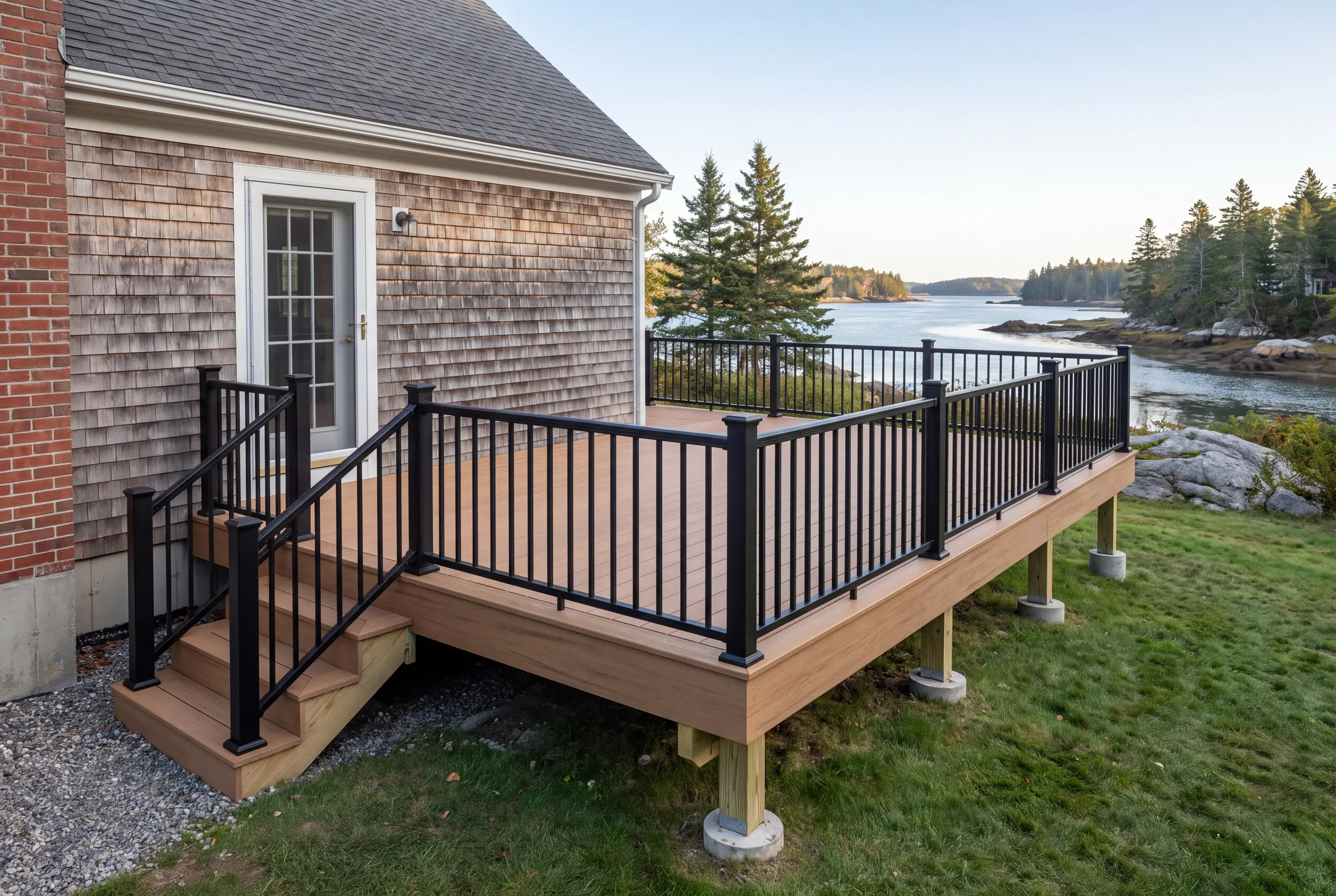 Custom deck builder Damariscotta Maine: railed deck off a cedar shingle cape overlooking a rocky tidal shoreline