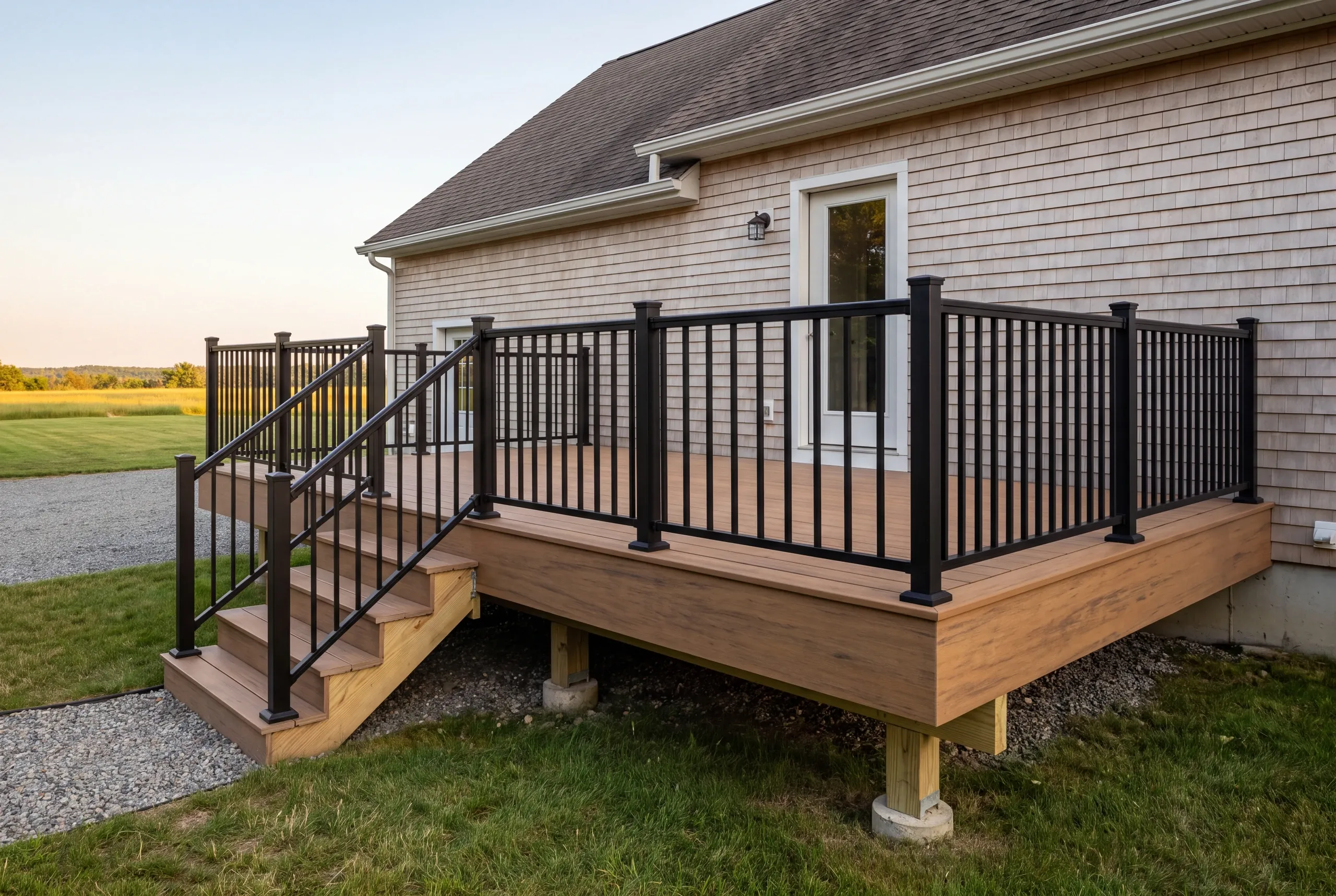 Deck contractor Damariscotta Maine: cedar shingle house with brown deck and black railing near a gravel drive