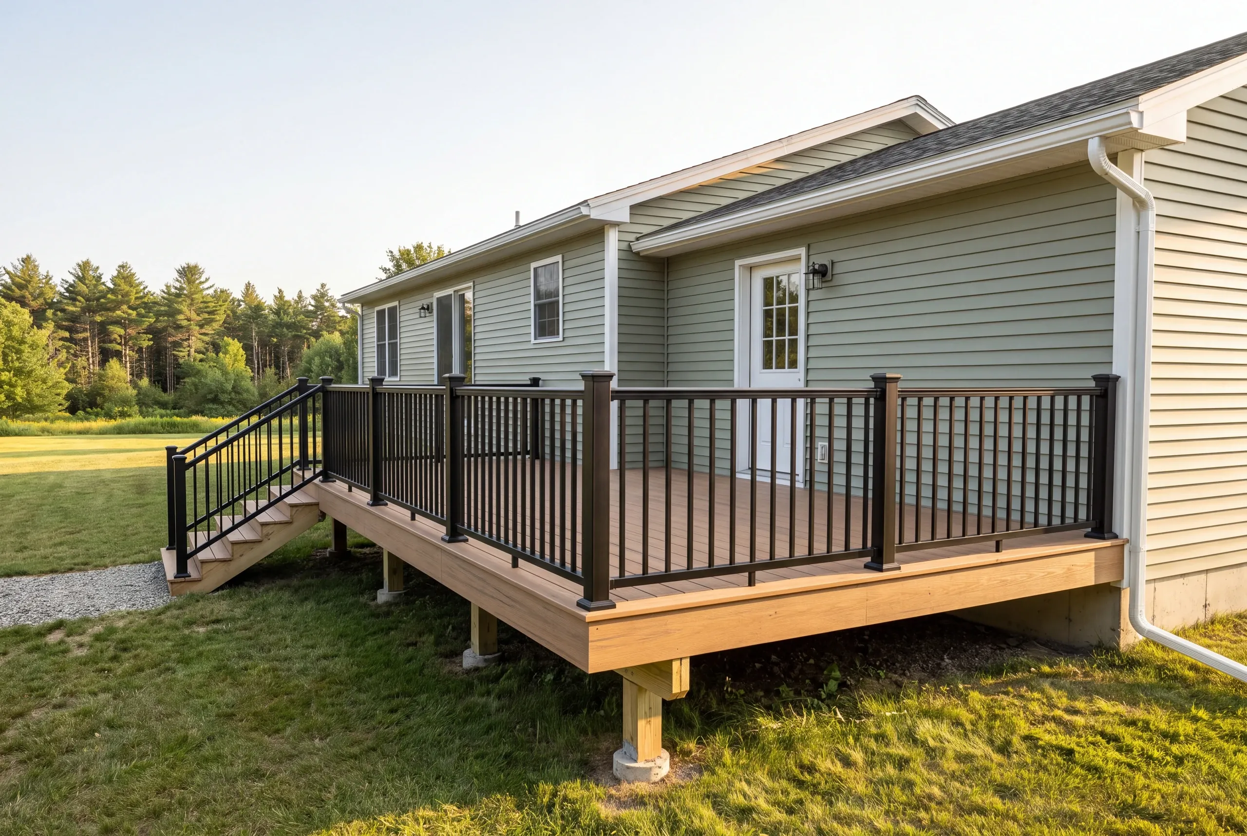 Deck builder in Fairfield, ME: finished deck with black railing on a sage green house beside a lawn