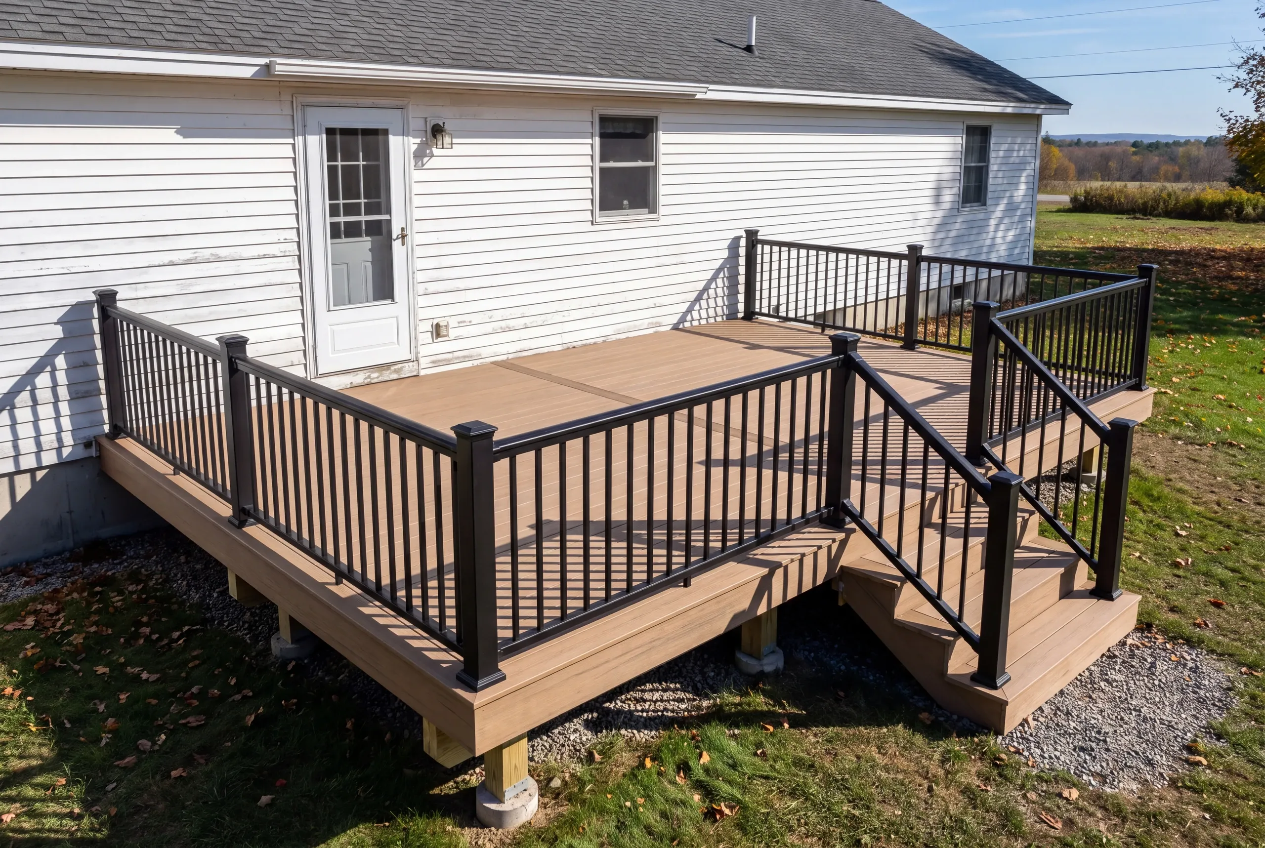 Custom deck builder Fairfield Maine: finished deck with black railing and stairs behind a white ranch near a field