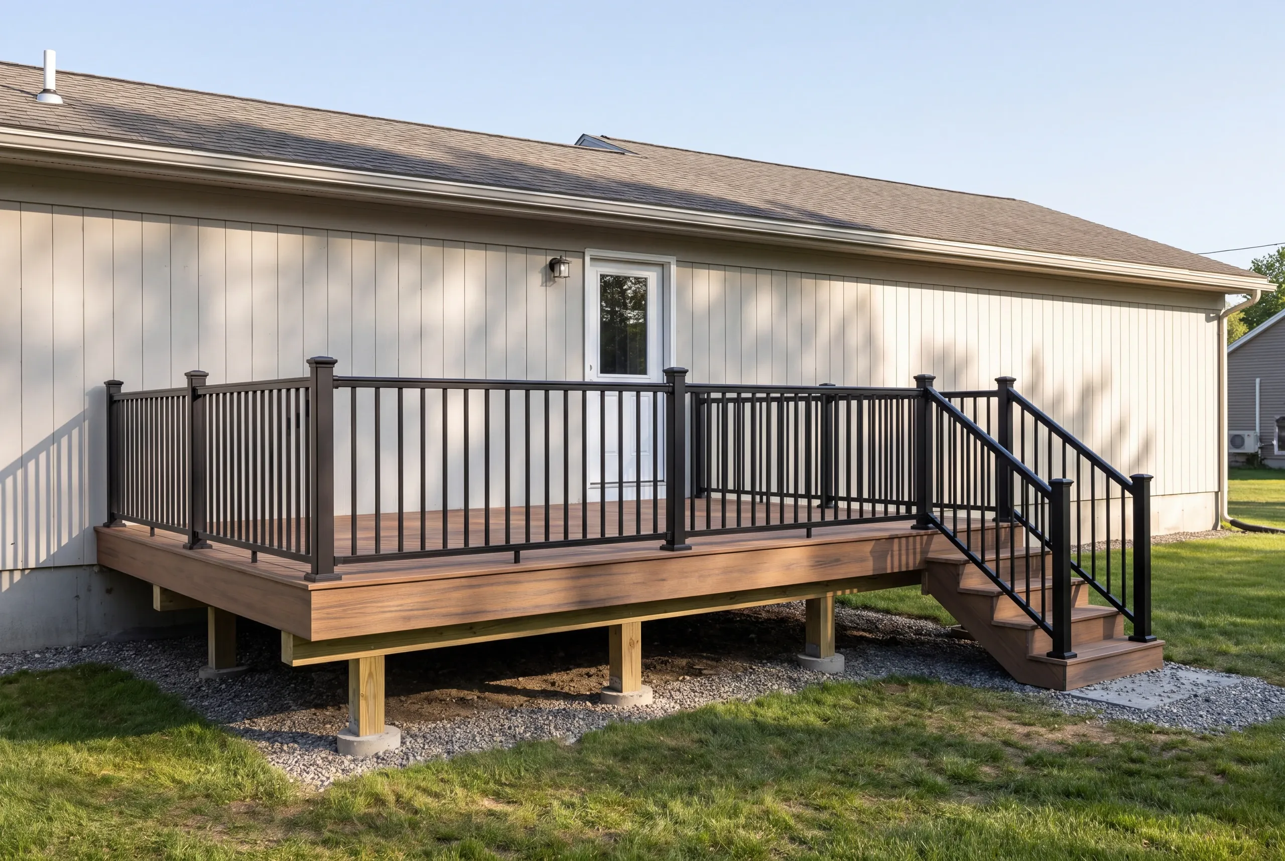 Deck contractor Fairfield Maine: low deck with black railing on posts and round piers at a beige vertical-sided house