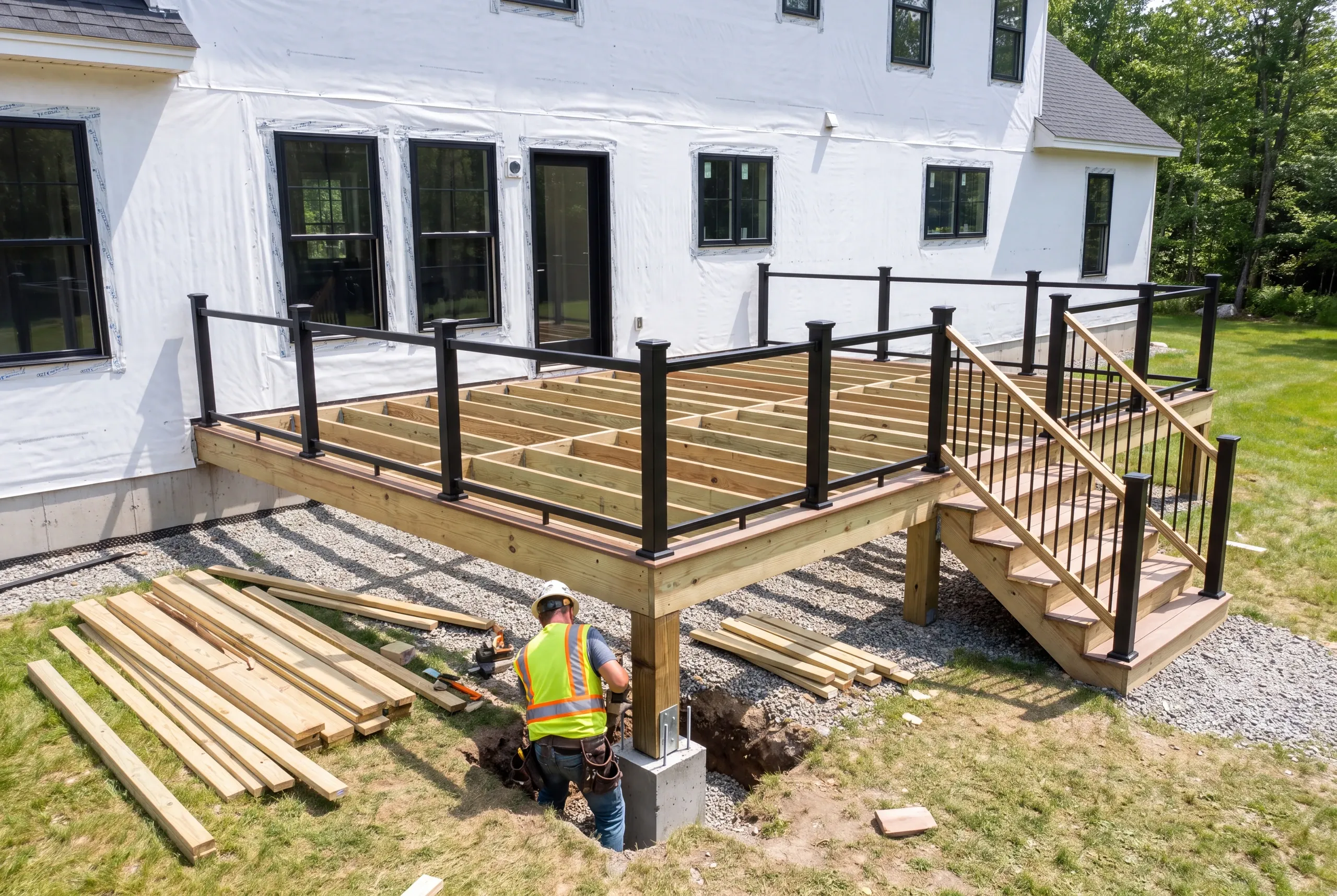 Deck builder Fairfield Maine: worker at a post on a concrete pier below a railed joist frame at a wrapped house
