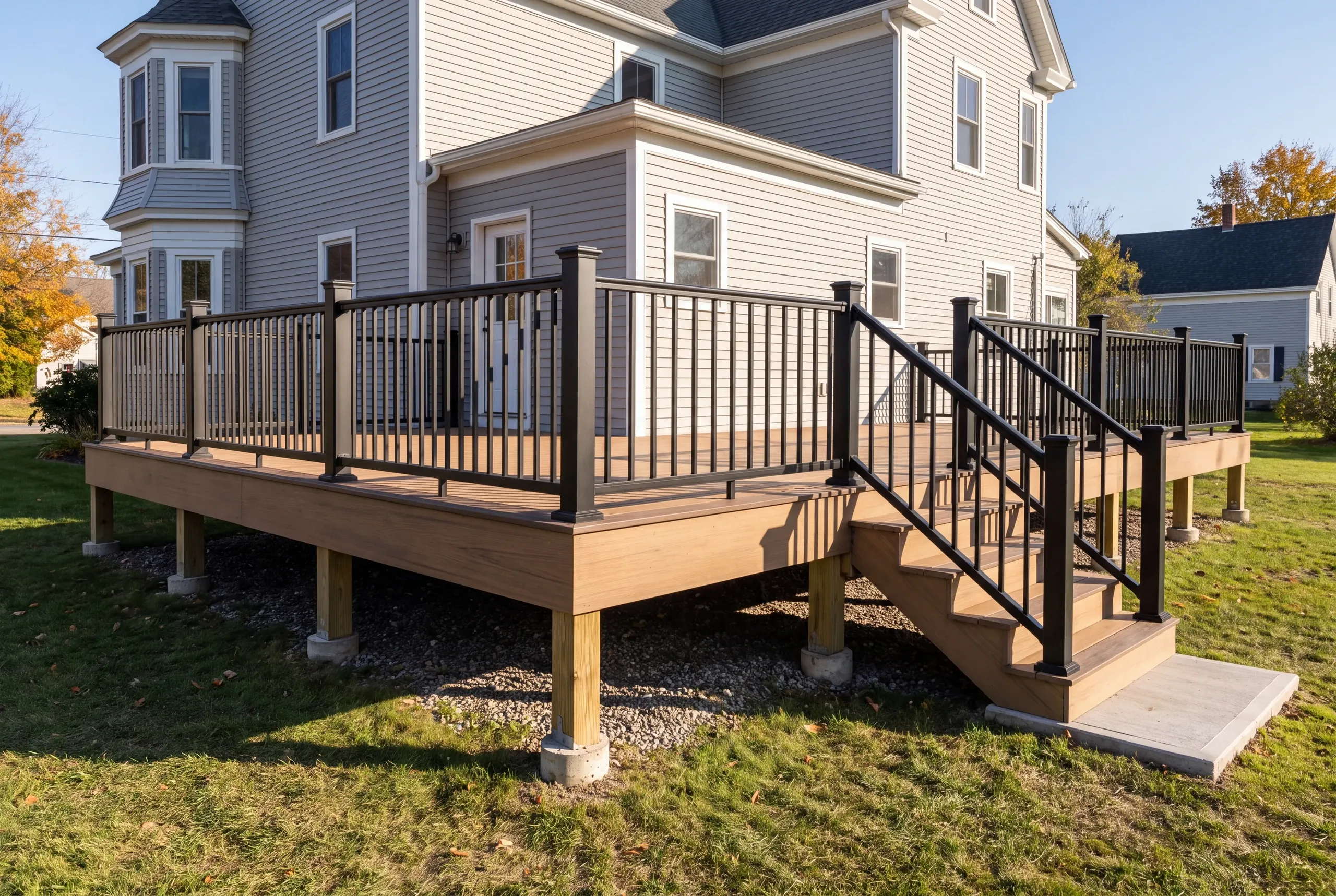 Custom deck builder Fairfield Maine: large raised deck with black railing on a gray Victorian with bay window