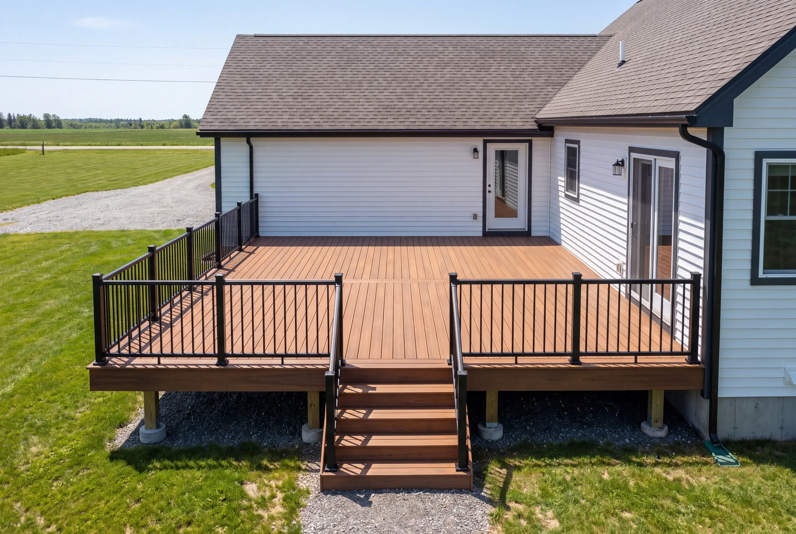 Deck contractor Fairfield Maine: symmetrical deck with center stairs and black railing behind a white house