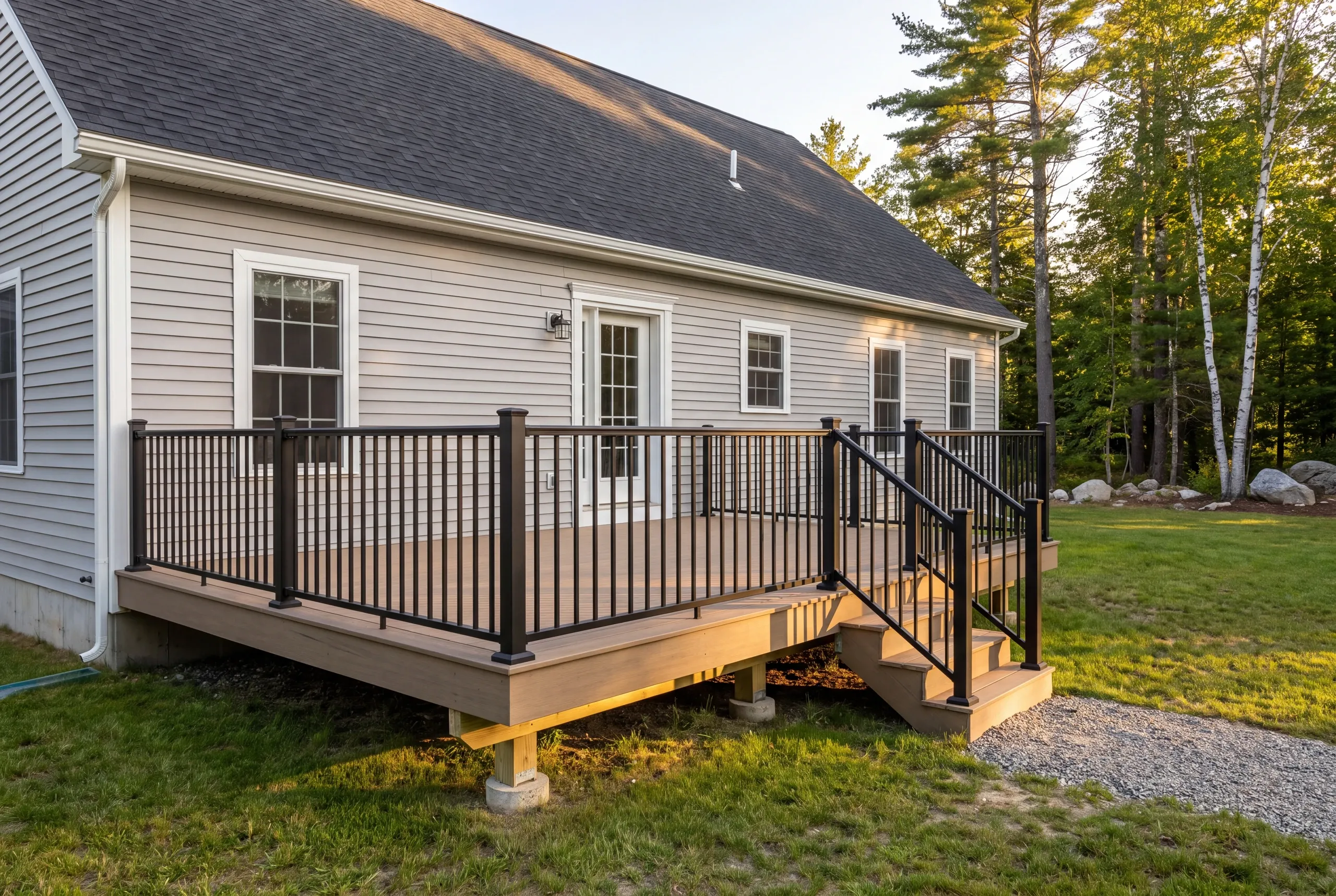 Deck builder in Gardiner, ME: finished deck with black railing on a gray house at the edge of the woods