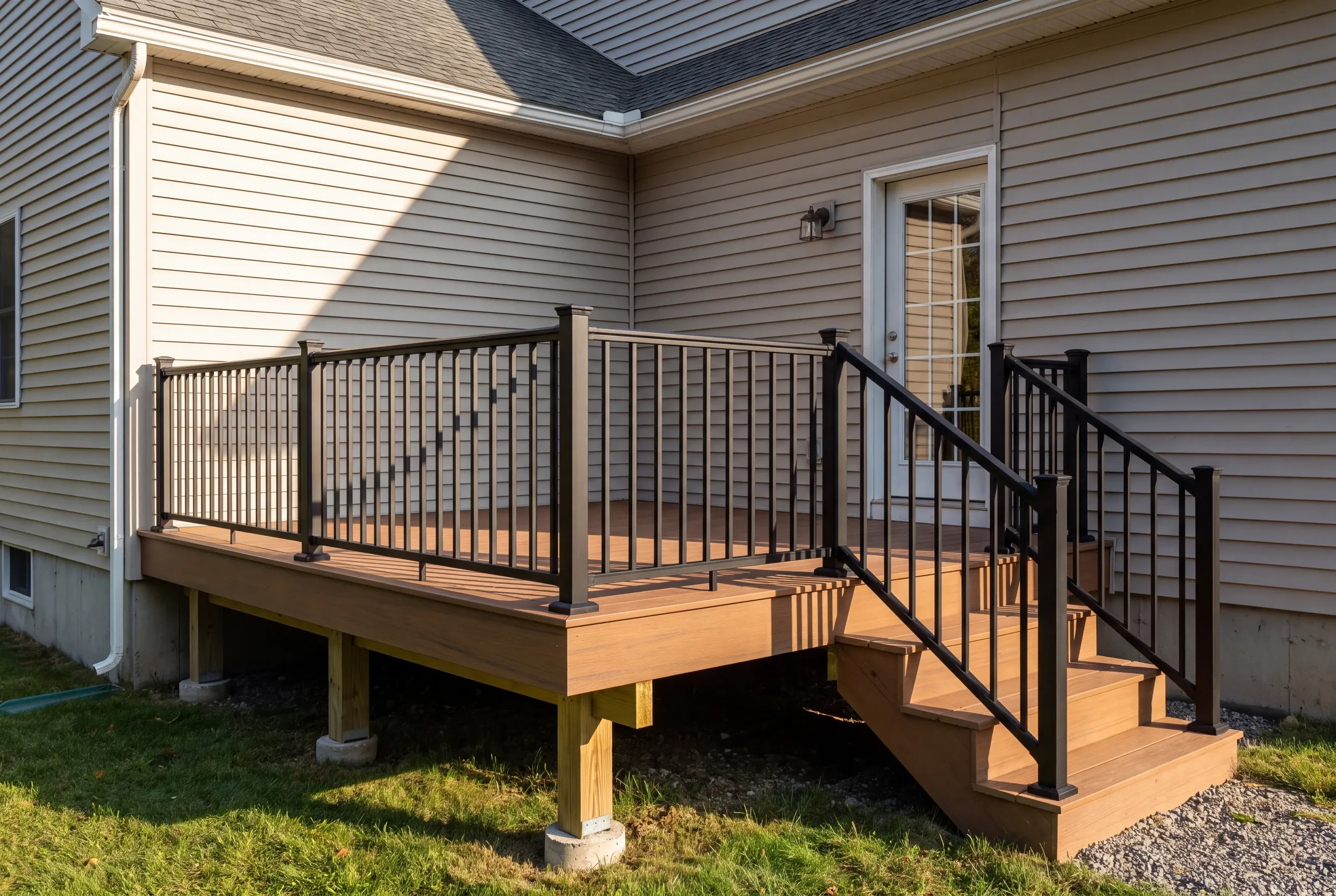 Custom deck builder Gardiner Maine: brown deck with black railing and stairs on a tan lap-sided house