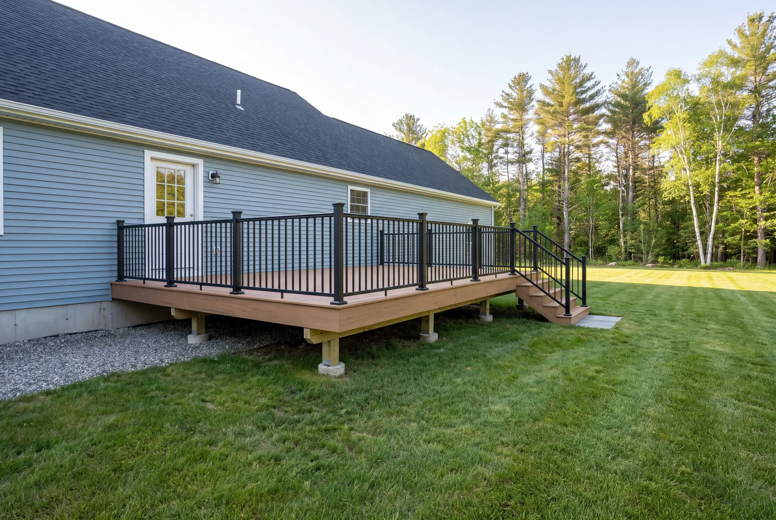 Deck contractor Gardiner Maine: finished deck with black railing on a blue-gray ranch facing tall pines