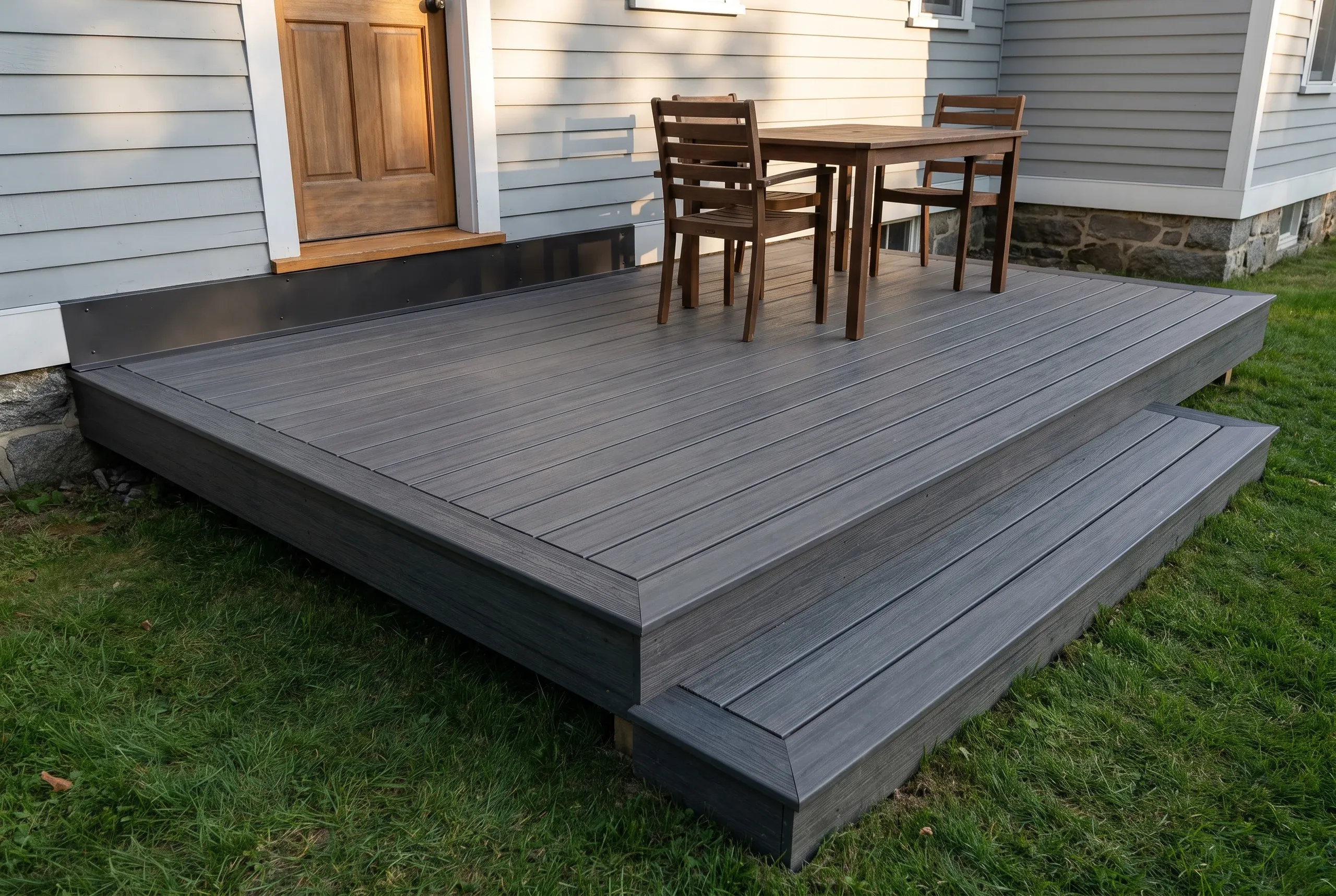 Deck builder Gardiner Maine: low gray composite deck with wide step and dining set at a wood door and sided house