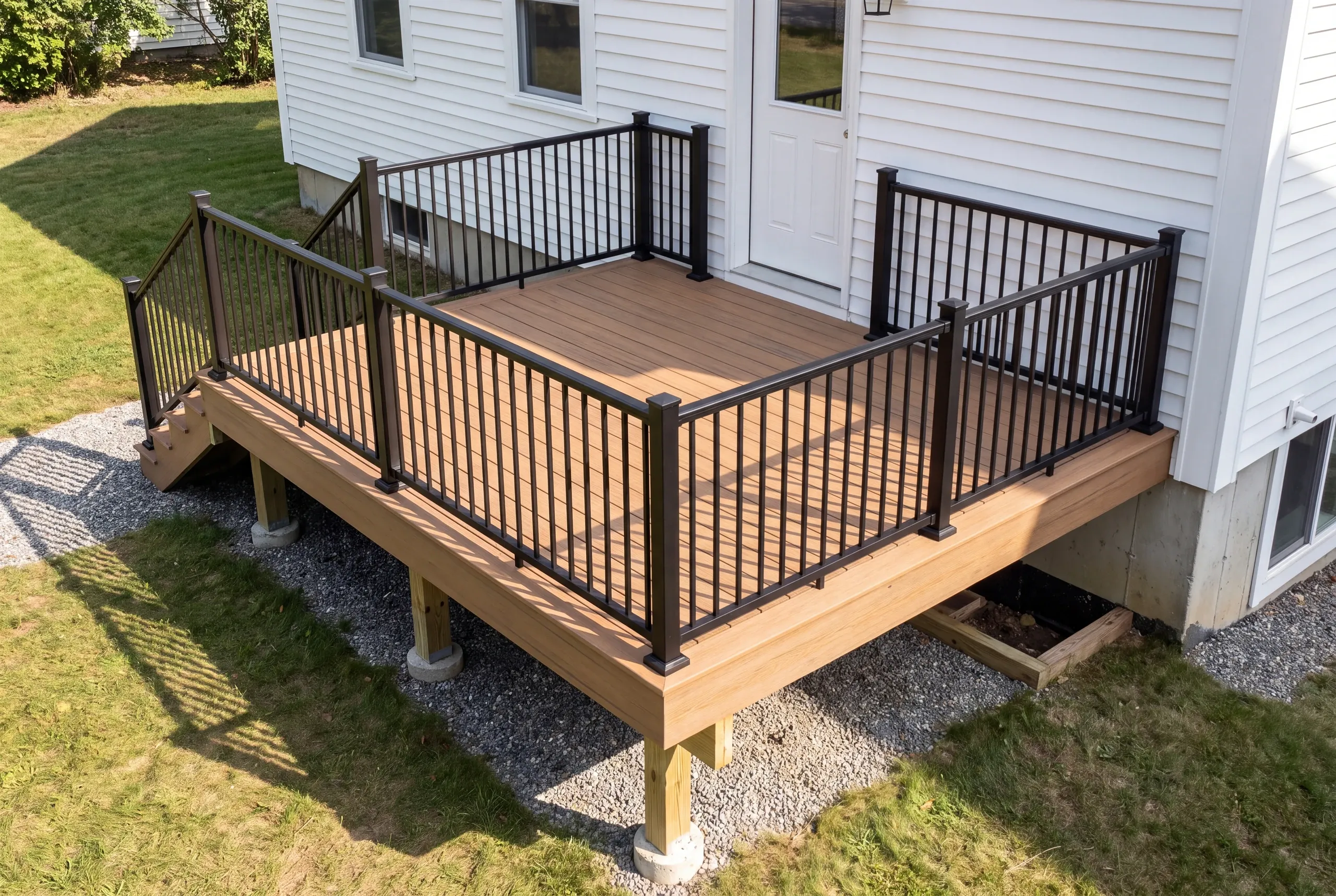 Custom deck builder Gardiner Maine: small finished deck with black railing tucked against a white house