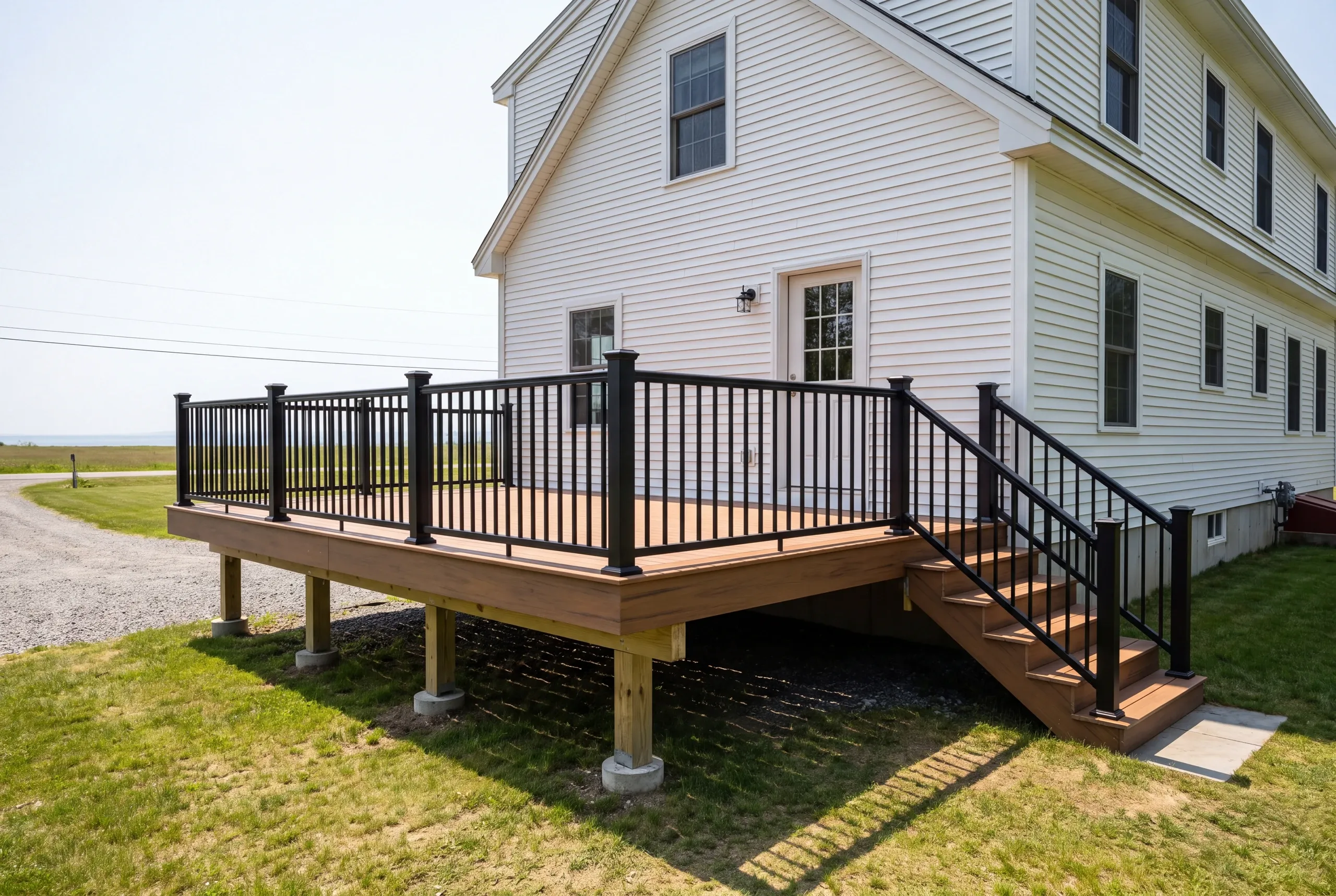 Deck contractor Gardiner Maine: white colonial with railed deck and stairs, open field and ocean beyond