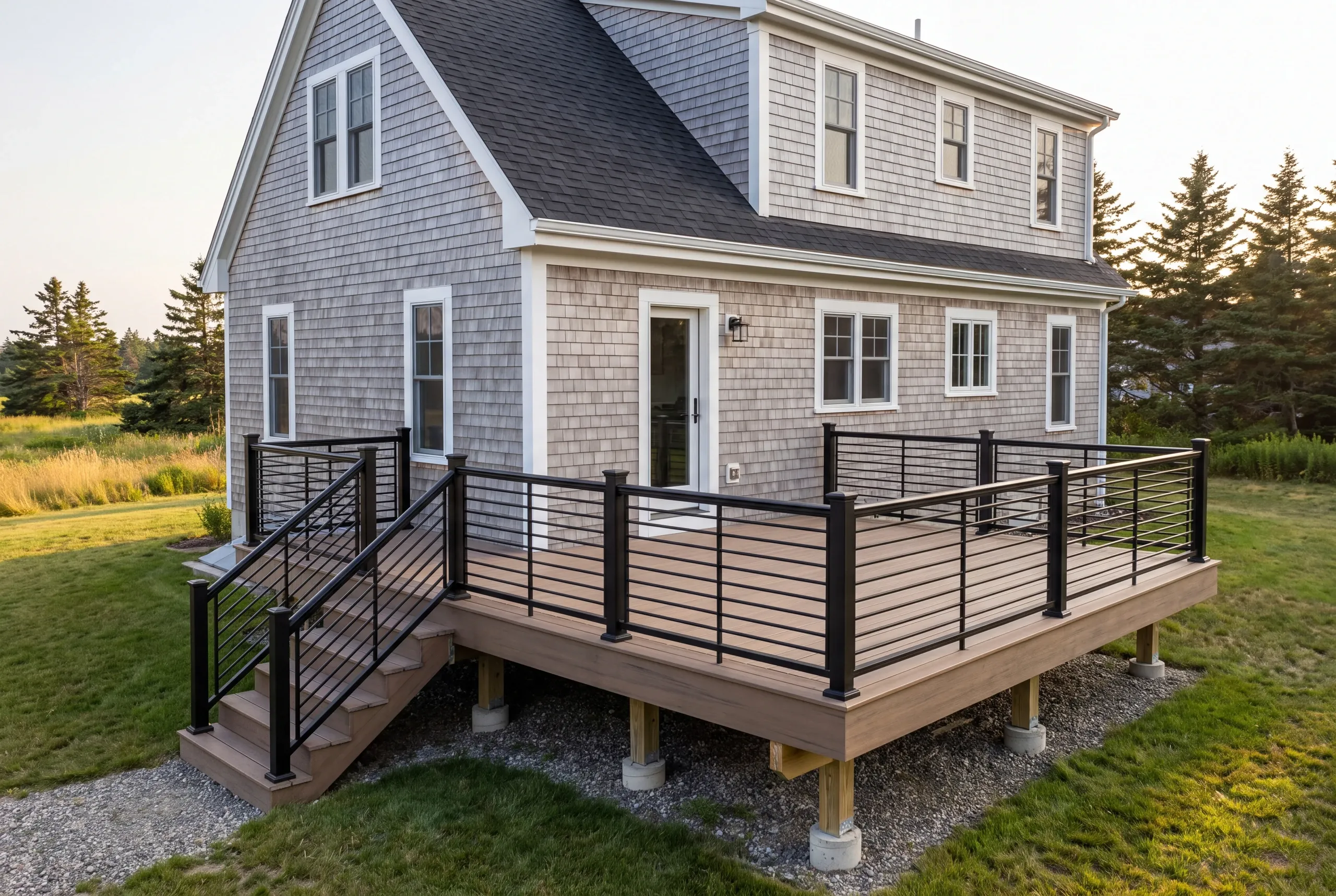 Deck builder: deck with black railing and stairs on a cedar-shingled cape with a shed dormer