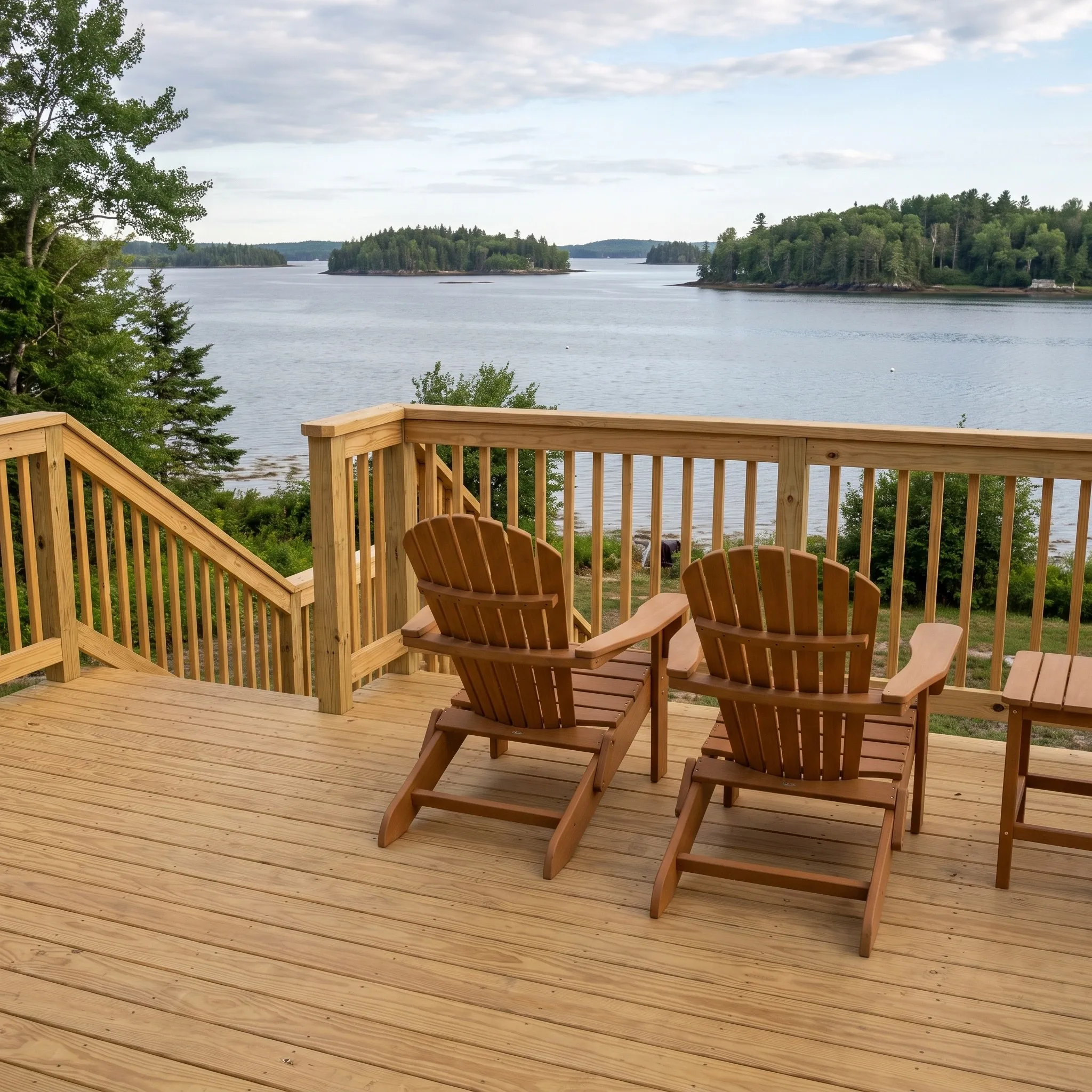 Deck contractor Midcoast Maine: wood deck with railing and two Adirondack chairs facing an island-dotted bay