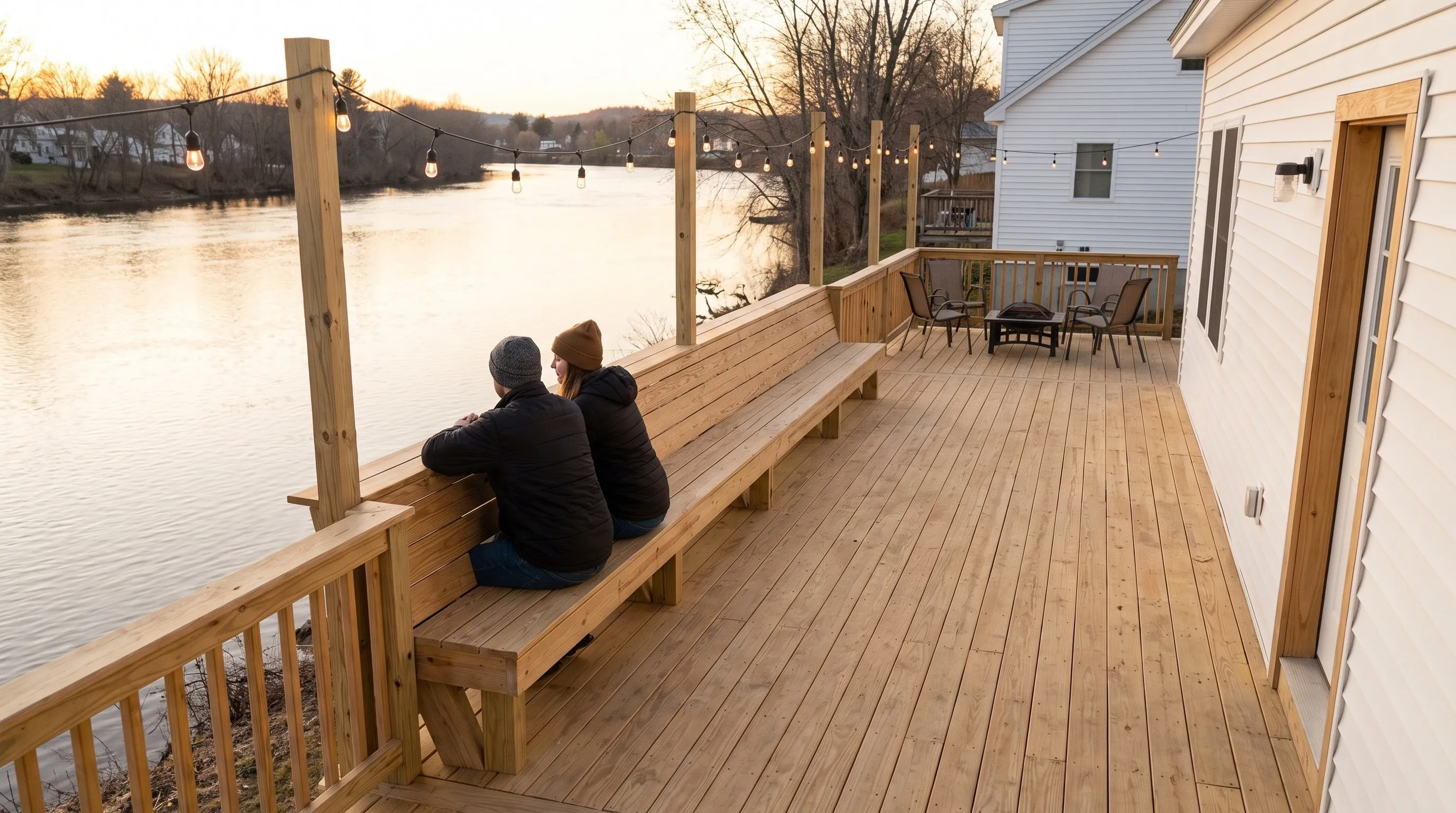 Deck builder Midcoast Maine: long wood deck with a built-in bench, string lights and two people seated above a river at sunset