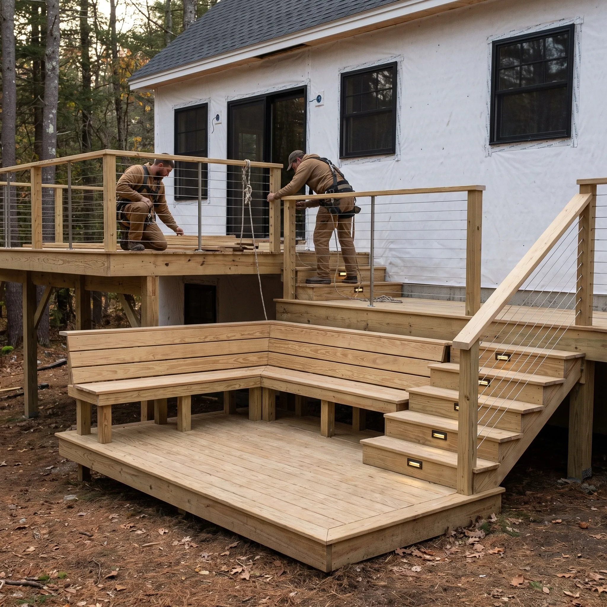 Custom deck builder Midcoast Maine: multi-level deck with cable railing, a built-in corner bench and lit stair risers set in the woods