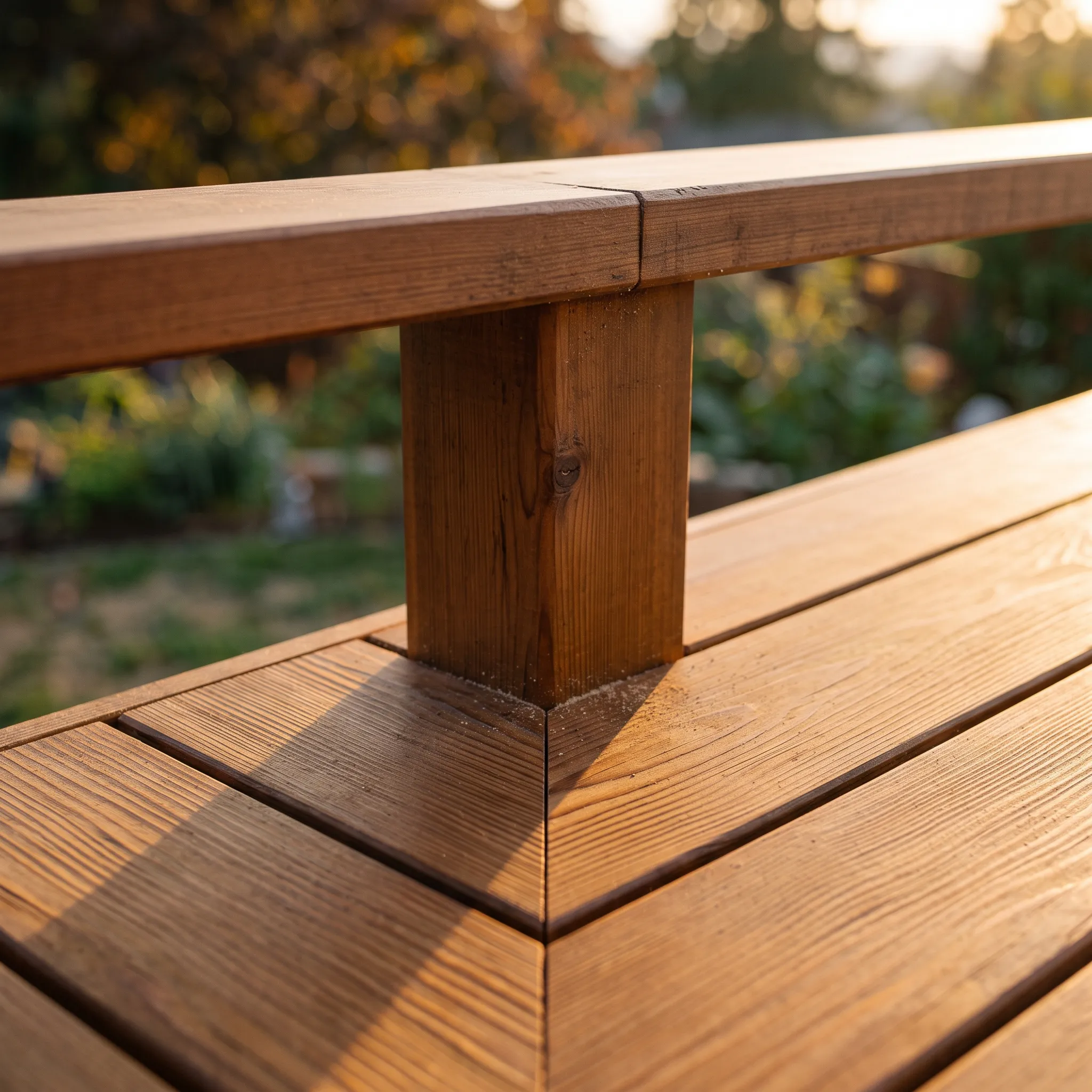 Deck contractor Midcoast Maine: close-up of a wood railing post and cap rail rising through stained deck boards
